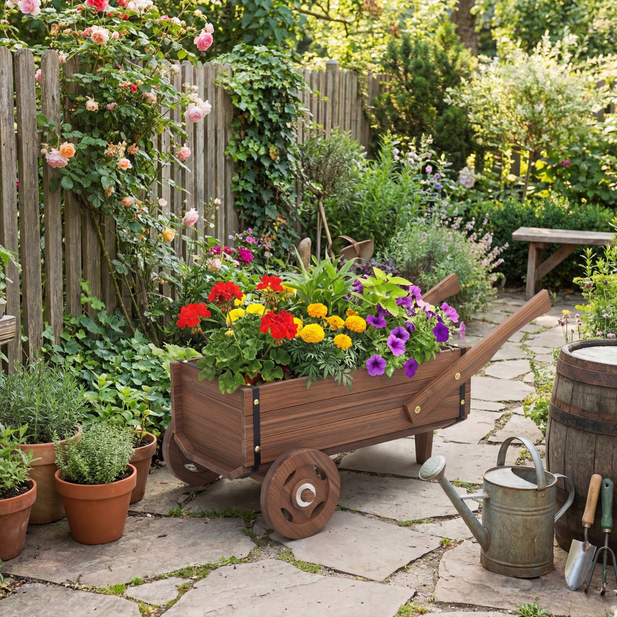 ELLEGNT Decorative Wooden Wagon Plant Stand-Raised Garden Planter Box with Wheels, for Flowers and Plants