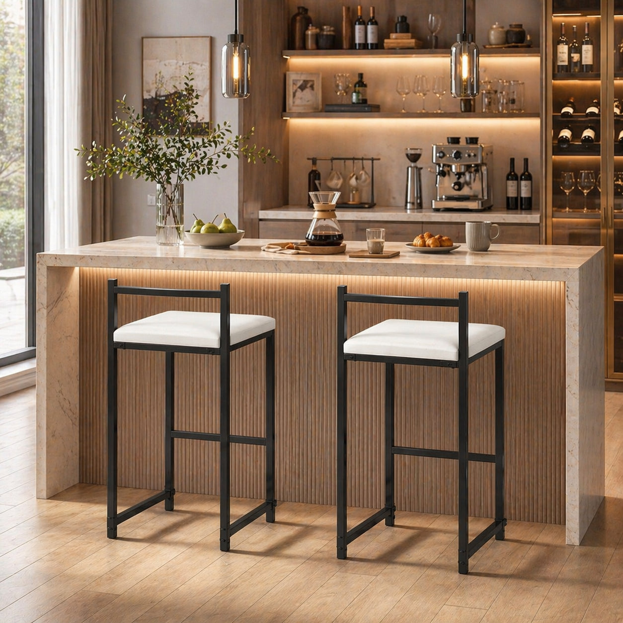ELLEGNT 2 PCS Metal Stackable Bar Stools, 26 in Counter Height with Back and Footrest, Black