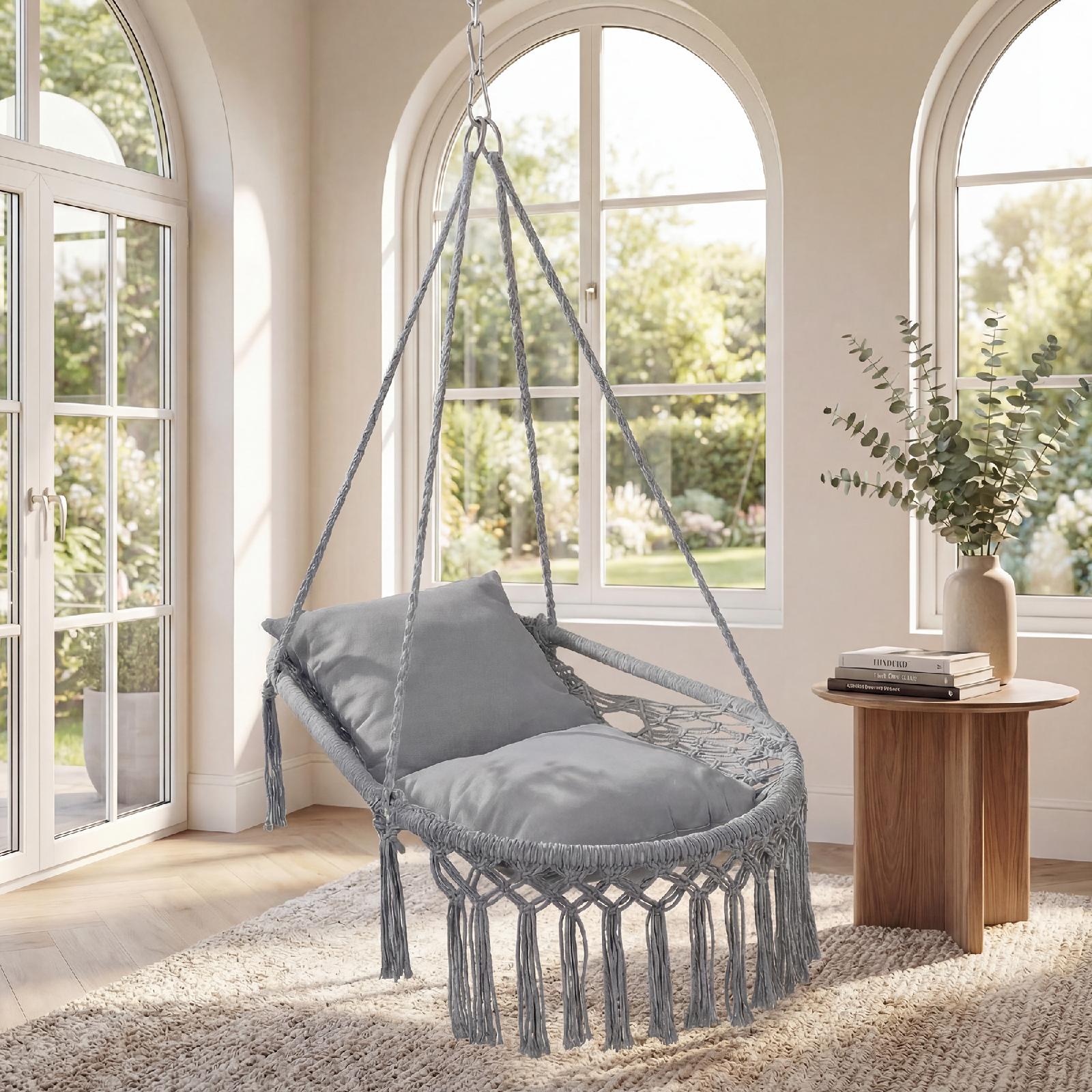 ELLEGNT Macrame Hanging Swing Chair-Includes 2 Removable Cushions, Strong Polyester?Cotton Rope Construction, Gray