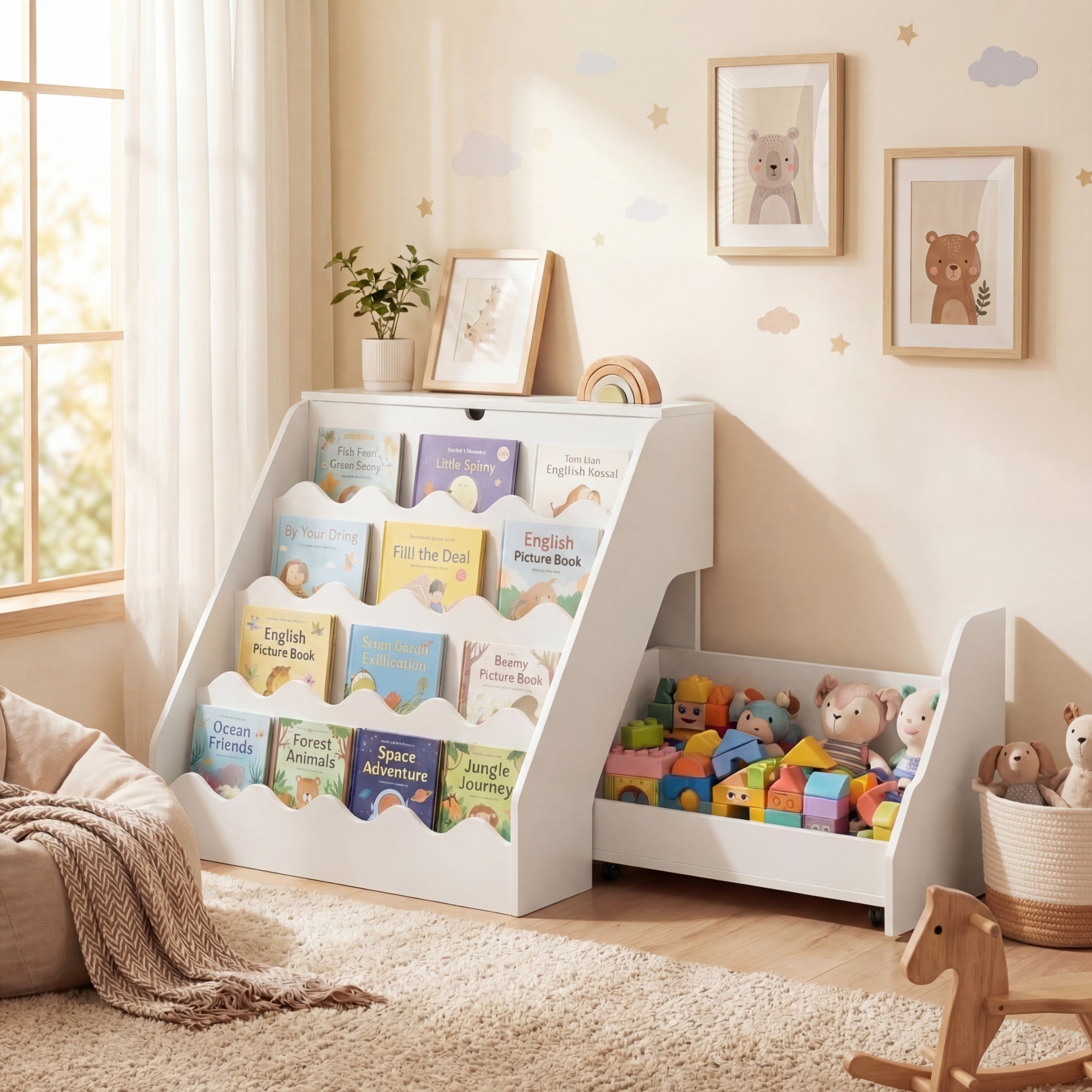 ELLEGNT 4-Tier Rolling Drawer Cart Bookshelf for Kids-Toy Storage Organizer for Nursery or Playroom, White
