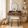ELLEGNT Vanity Desk Set with Lighted Mirror, 3 Light Modes, Charging Station, 4 Drawers, Brown +Black