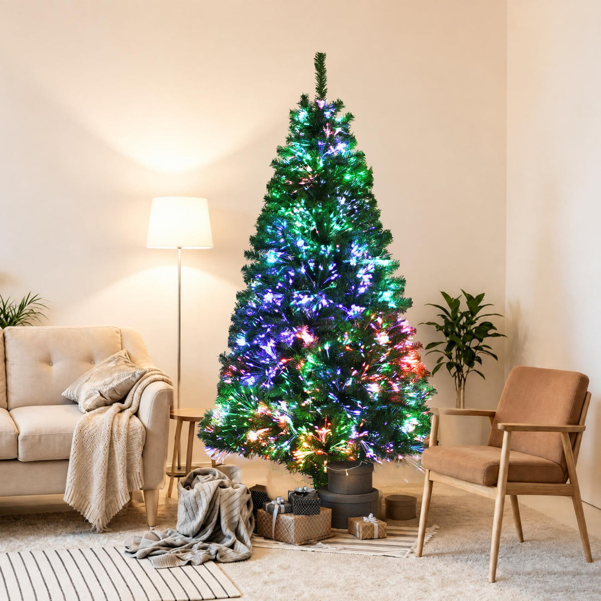 ELLEGNT 6 ft Fiber Optic Artificial Christmas Tree Full Shape Metal Stand 617 Tips