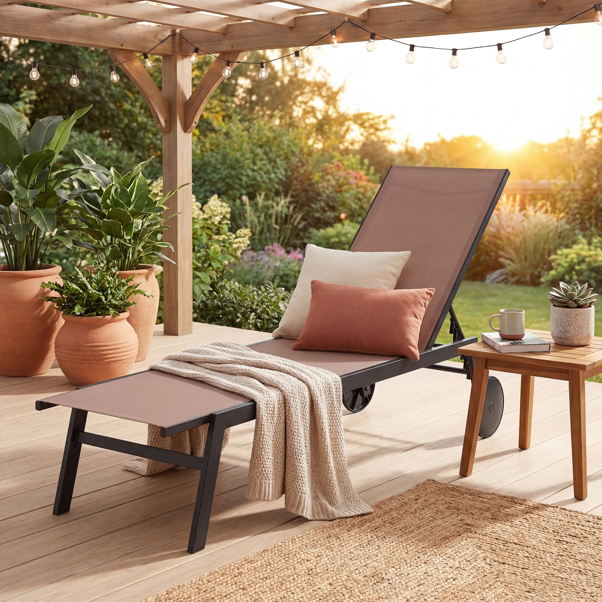 ELLEGNT 1 PCS Breathable Seat Patio Chaise Lounge with Wheels, 6-Position Adjustable Backrest for Poolside Brown