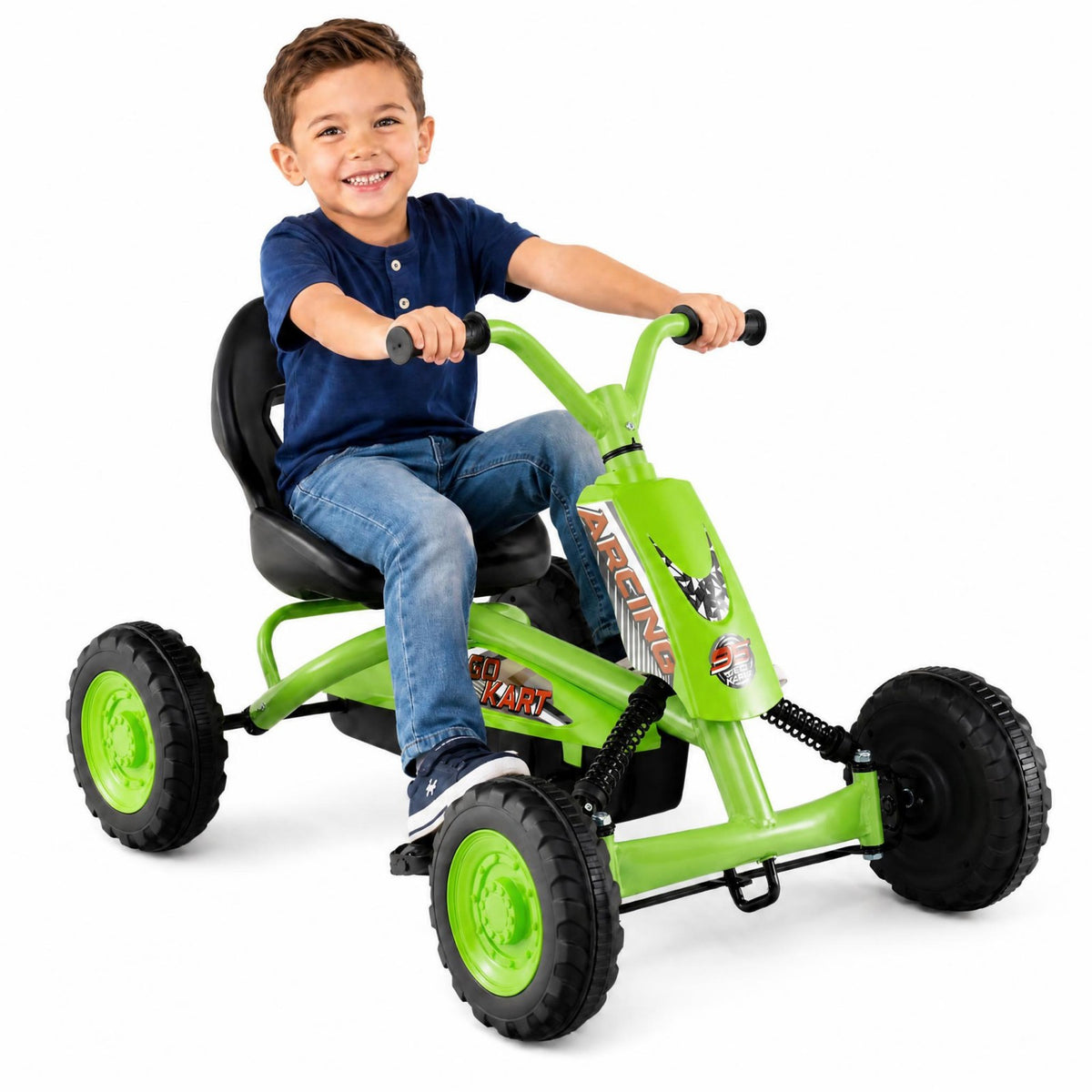 ELLEGNT Kids Pedal Go Kart, 4 Wheel Ride On Racer with Adjustable Seat and Steering, Age 3+, Green