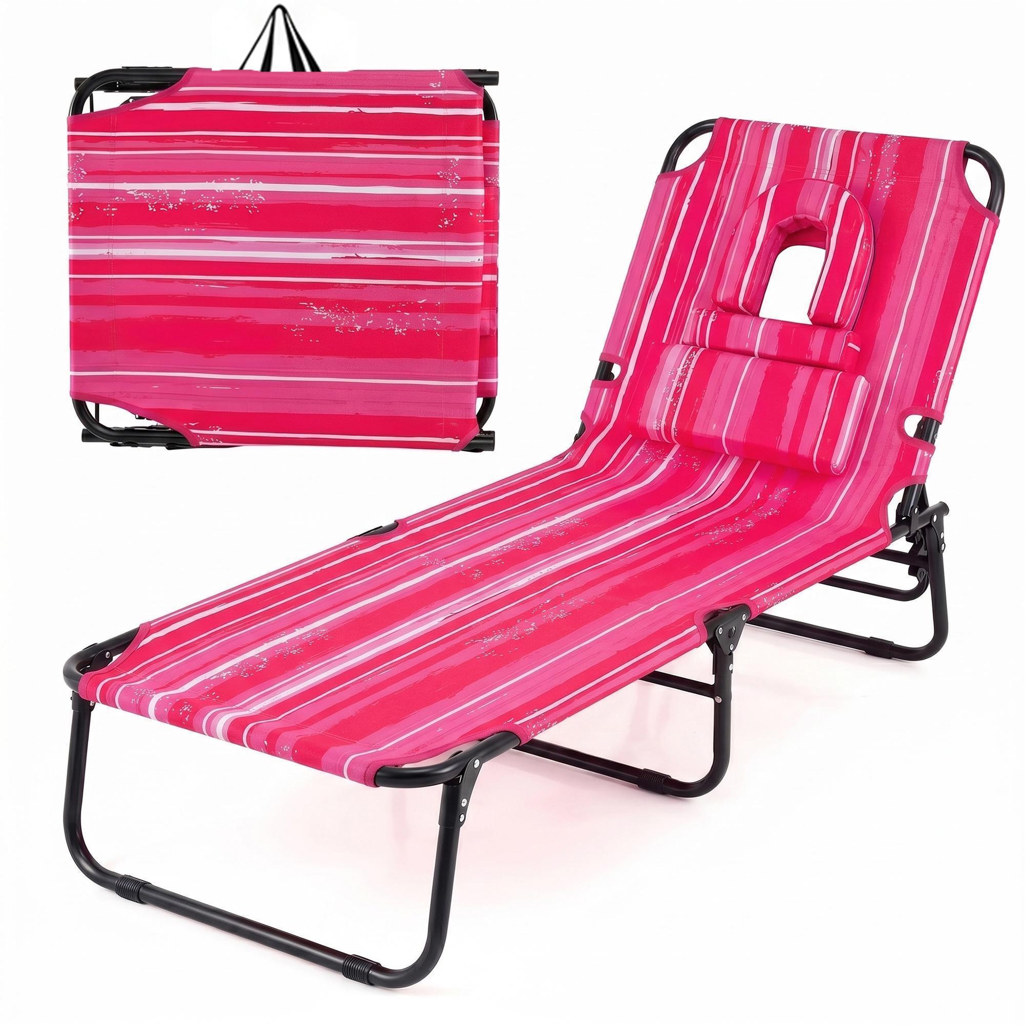 ELLEGNT 1 PCS Beach Lounger with 4?Position Reclining Backrest, Removable Pillows and Face Hole-Folding Design, Pink Stripe