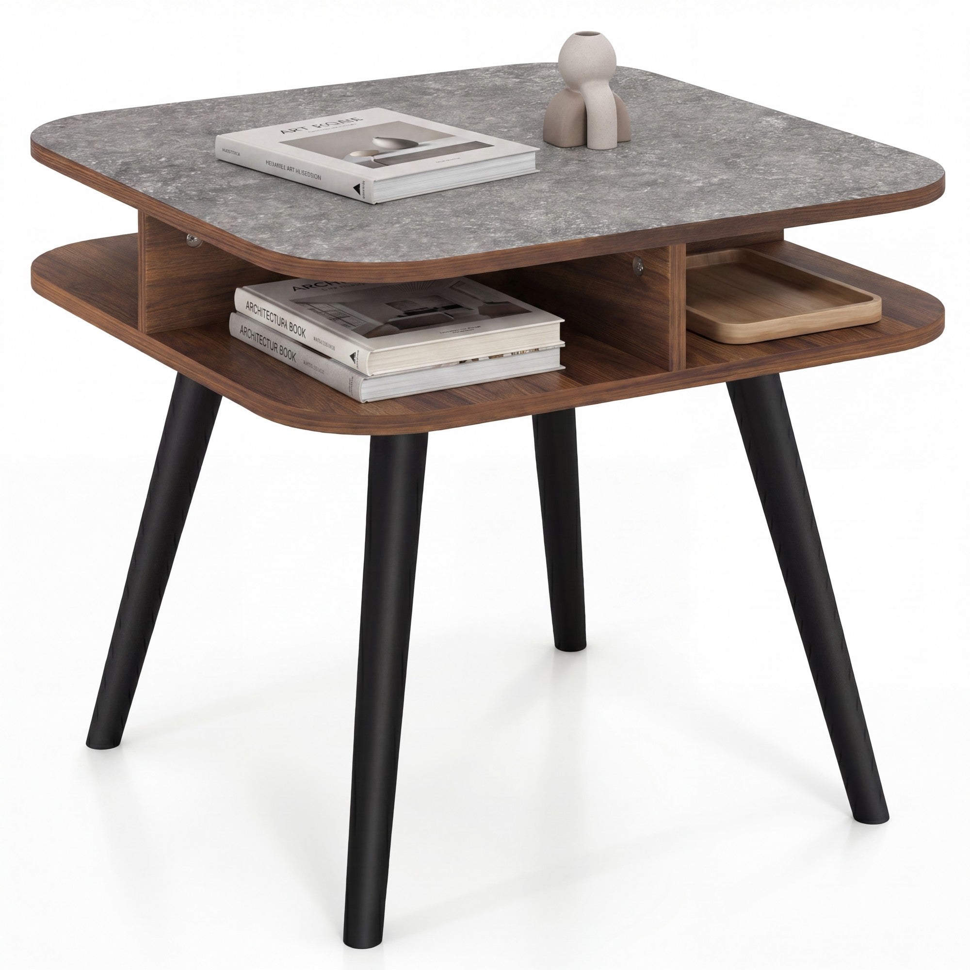 ELLEGNT 1 PCS Faux Marble End Table-with Storage Shelves and Rubber Wood Legs for Living Room, Gray + Walnut + Black