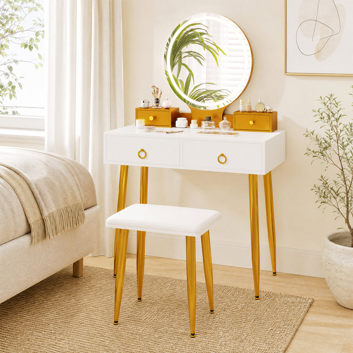 ELLEGNT Makeup Vanity Table with Lighted Mirror, 3-Color LED, Stool, 4 Drawers, White