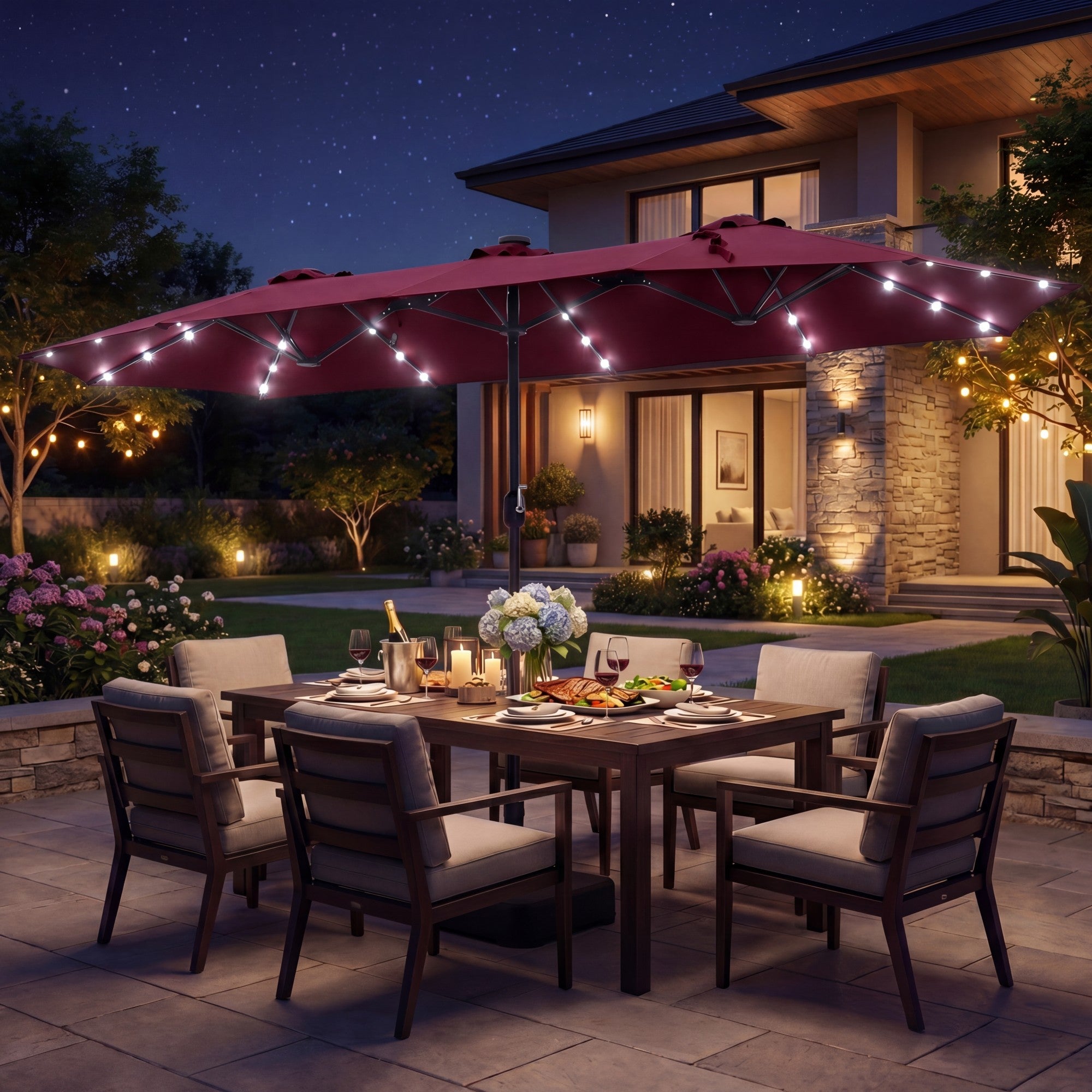 ELLEGNT 13FT Double?Sided Solar Patio Umbrella-Crank Handle and Umbrella Base Included, Wine
