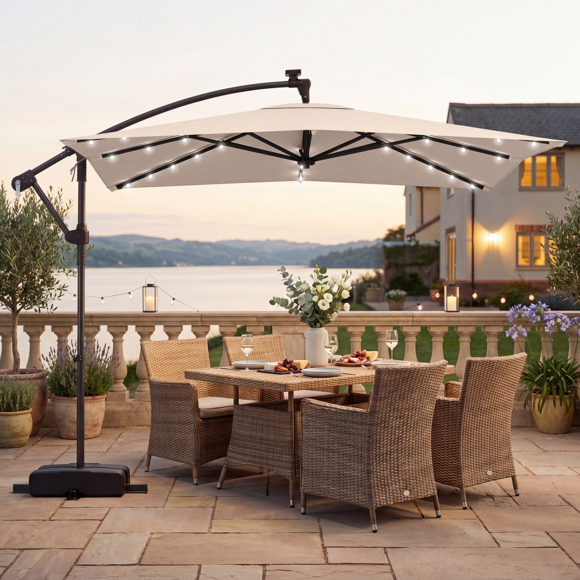 ELLEGNT 8 x 8 FT  Solar LED Cantilever Umbrella-Square Offset Hanging Patio Umbrella for Outdoor, Beige