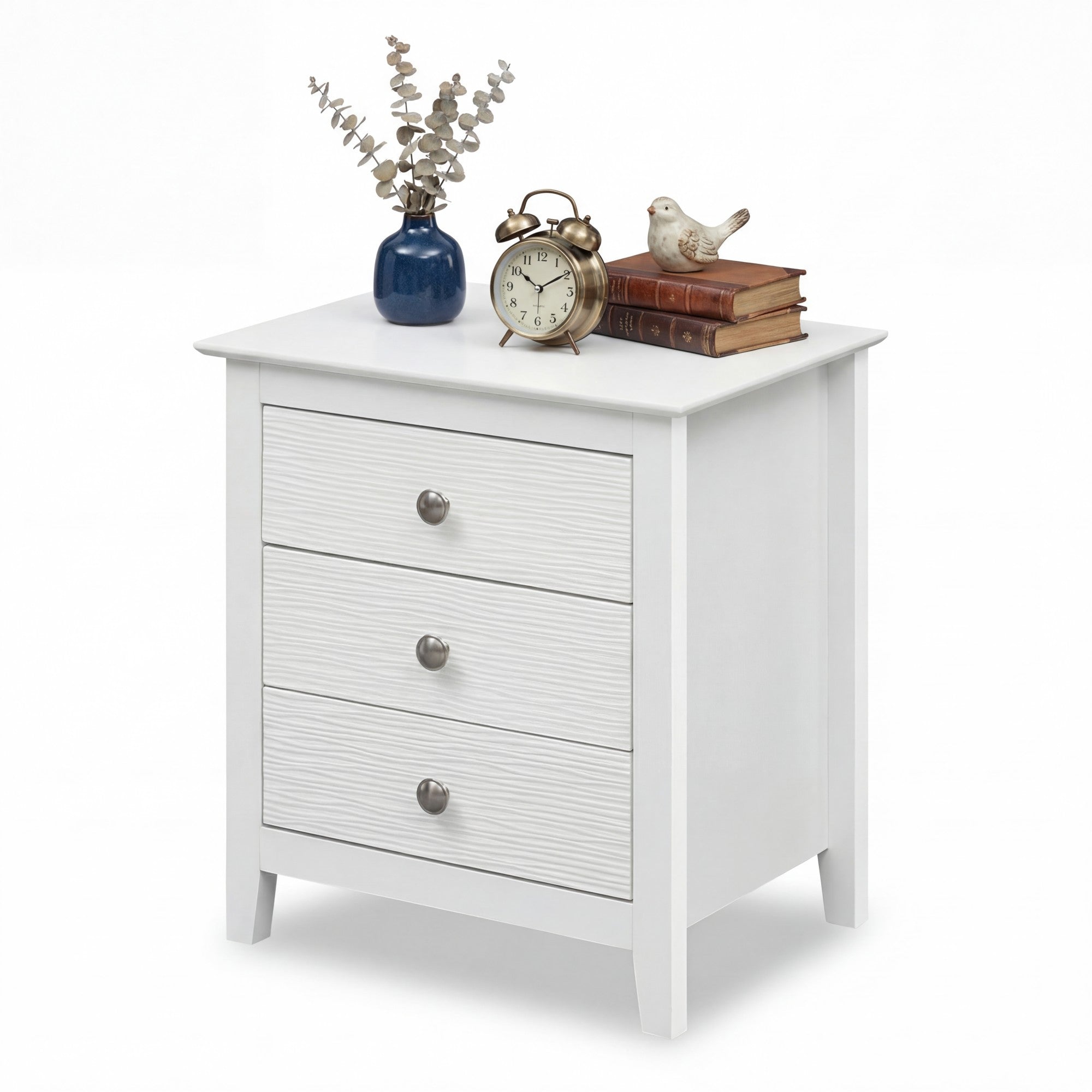 ELLEGNT 1 PCS Farmhouse Nightstand-3 Drawers, Wood Grain Accents and Sleek Knobs, White