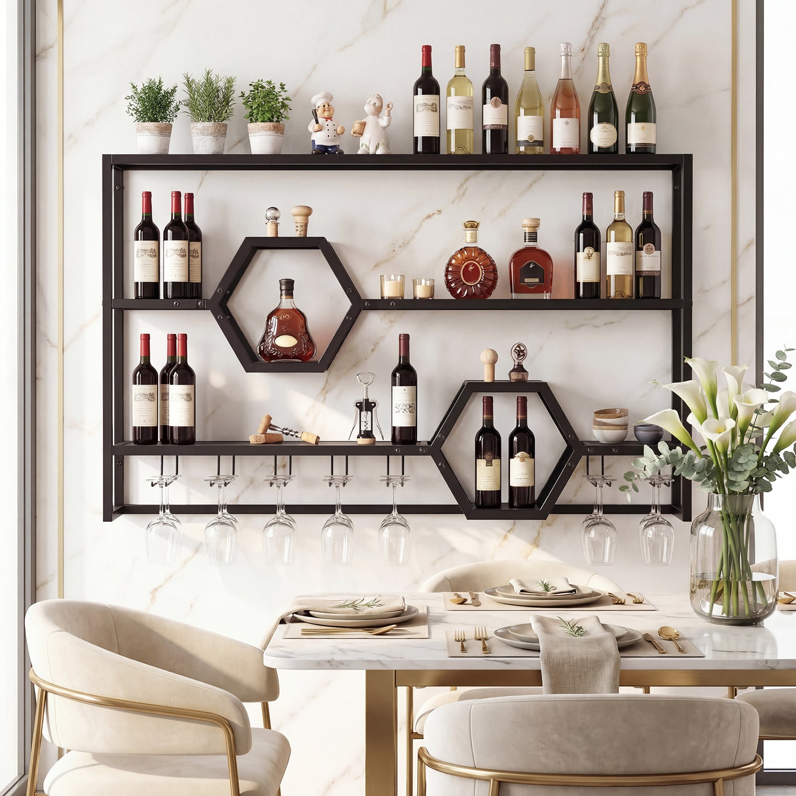 ELLEGNT 47 in Wall Mounted Wine Rack with Glass Holder-Large Floating Bar Shelf for Kitchen, Black