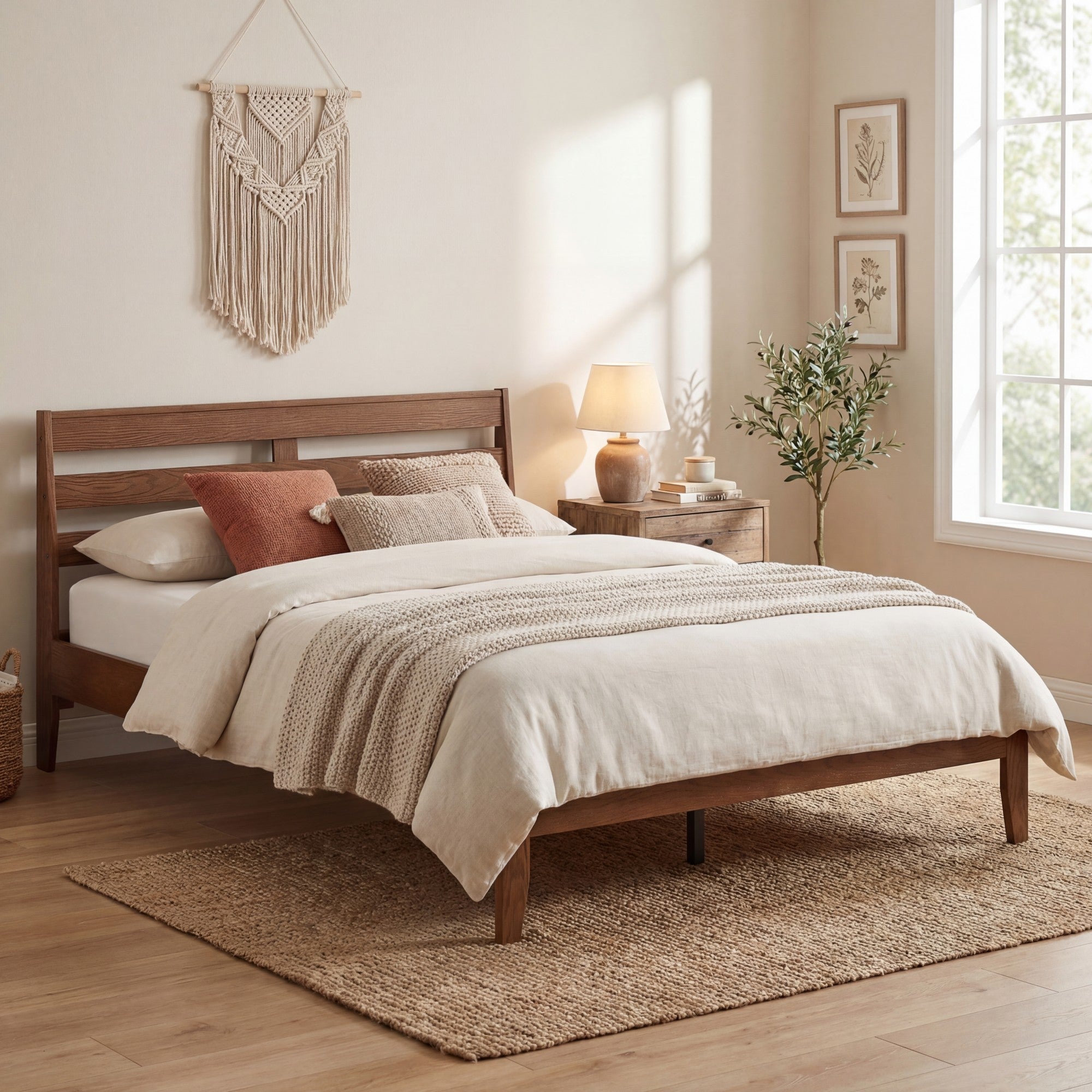 ELLEGNT Full Size Wood Bed Frame with Under-Bed Storage-Slat Headboard, for Small Spaces Caramel Brown