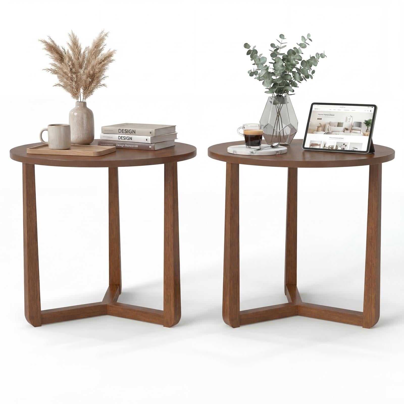 ELLEGNT 2 PCS Rubber Wood Round Side Table-Triangular Support End Table for Bedroom, Living Room, or Small Space Walnut
