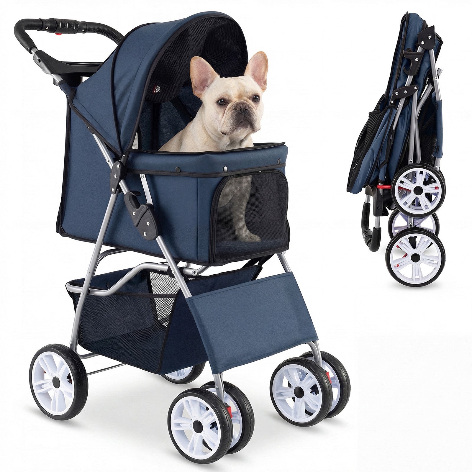 ELLEGNT 4-Wheel Foldable Pet Stroller-Breathable Mesh Dog Cat Stroller up to 33 lbs Blue