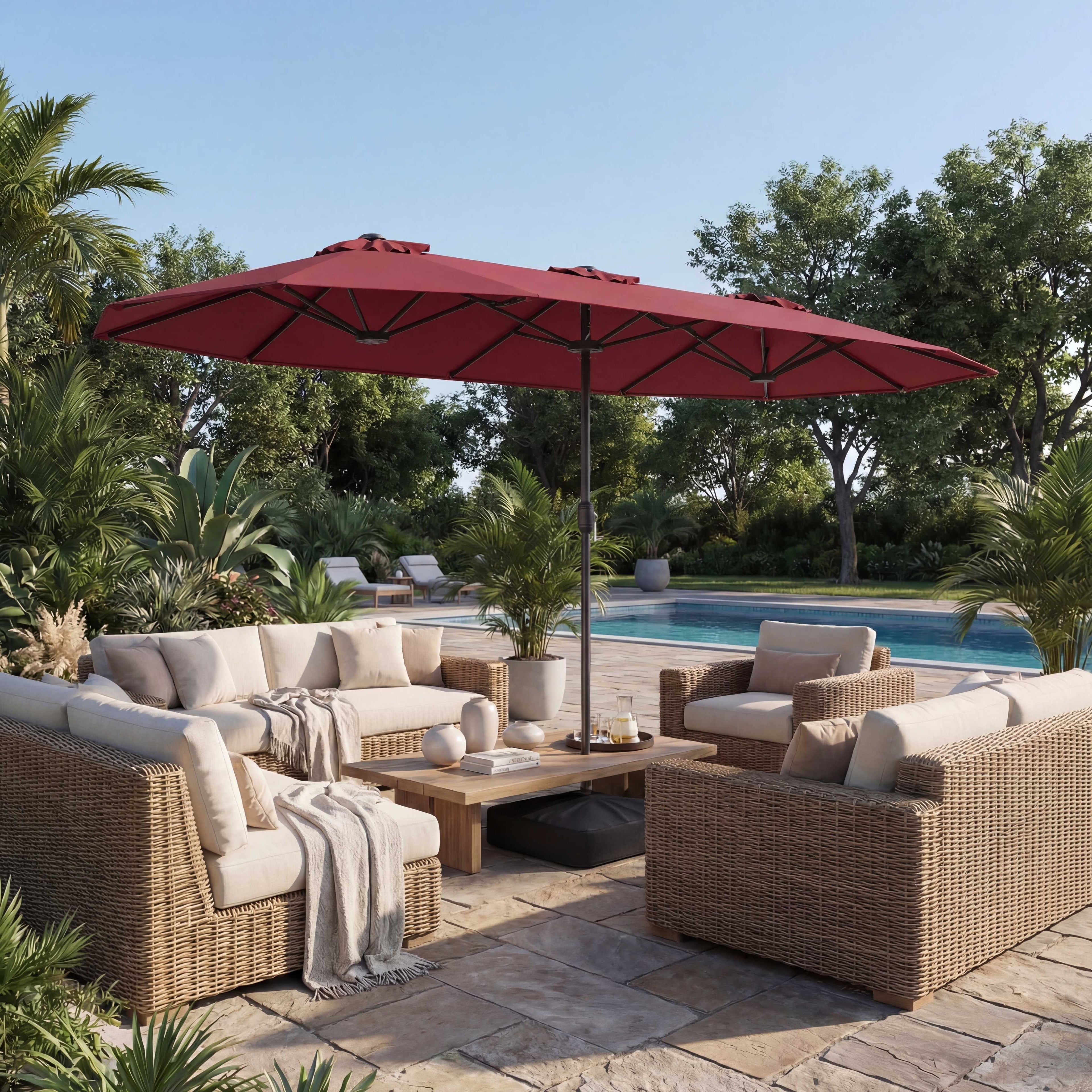 ELLEGNT 13FT Double-Sided Patio Umbrella- with Crank Handle, Safety Lock and Base Red