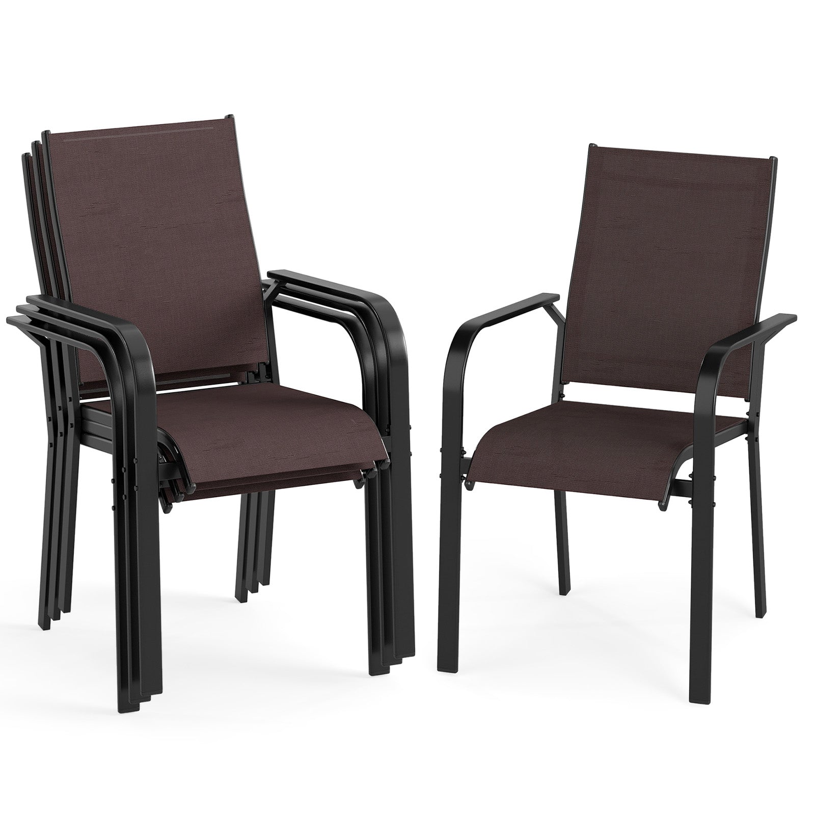 ELLEGNT 4 PCS Stackable Patio Armchairs-Outdoor Dining Chairs with Metal Backrest, Coffee