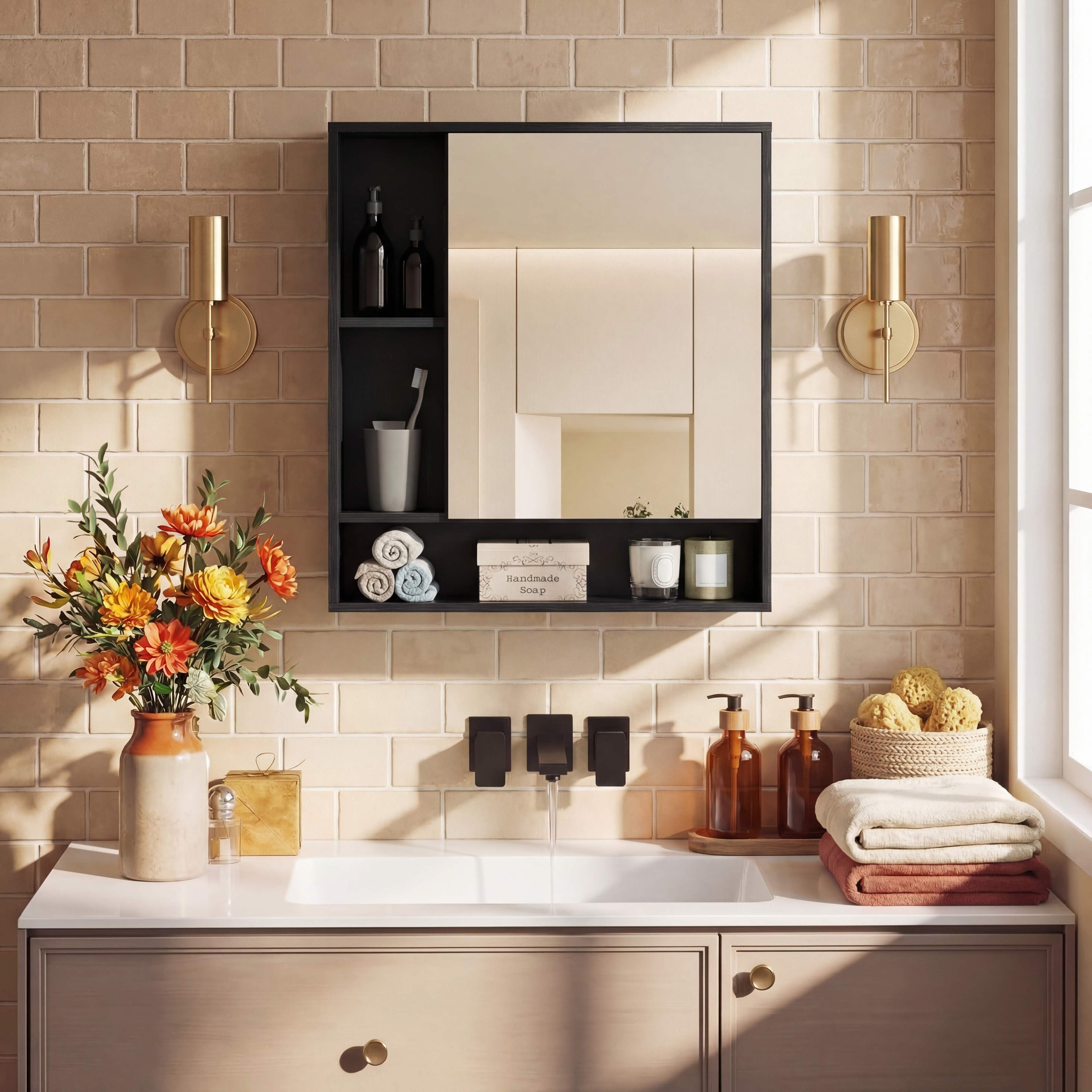 ELLEGNT Wall Mounted Bathroom Cabinet-Mirror Door, 3 Open Shelves and 1 Adjustable Shelf for Storage Black