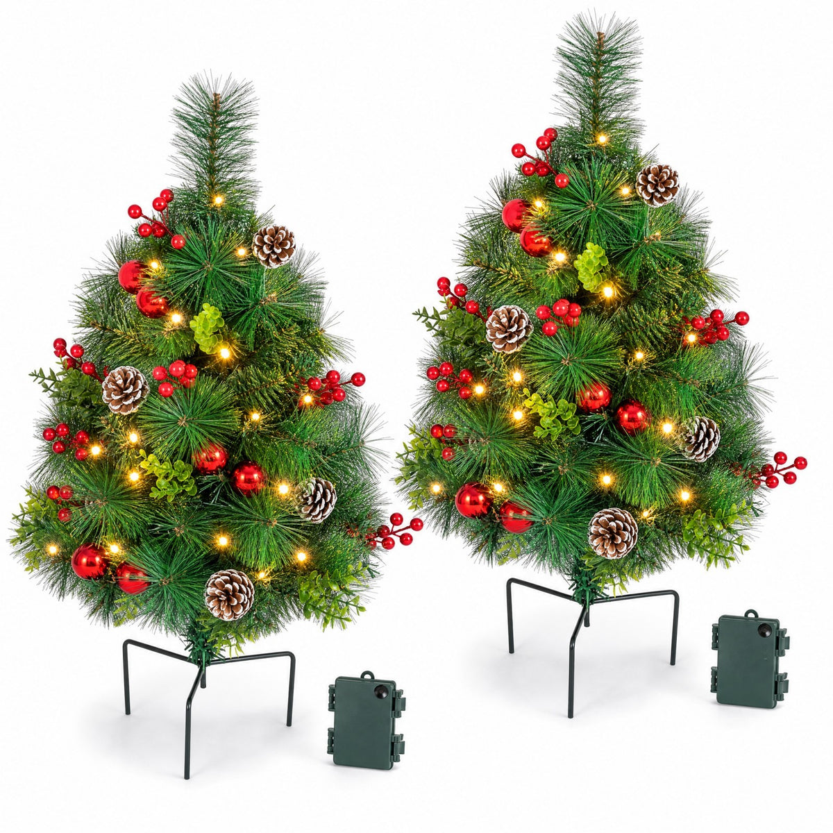 ELLEGNT 2 Pack 25 Inch Prelit Artificial Pathway Christmas Trees Battery Operated with Timer