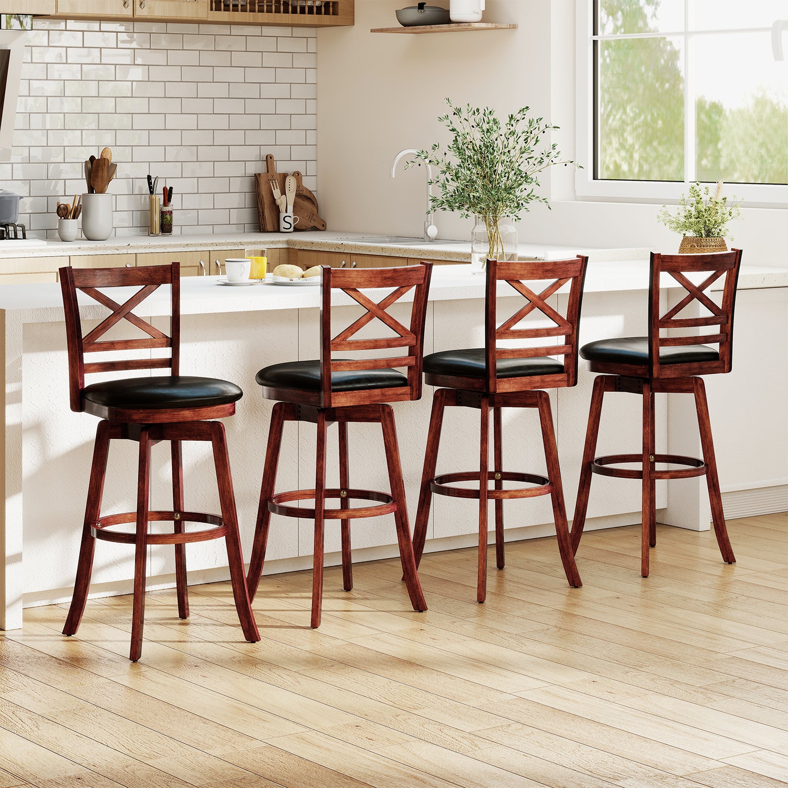 ELLEGNT 4 PCS Faux Leather Swivel Barstools with Backrest, 30.5 in Counter Height