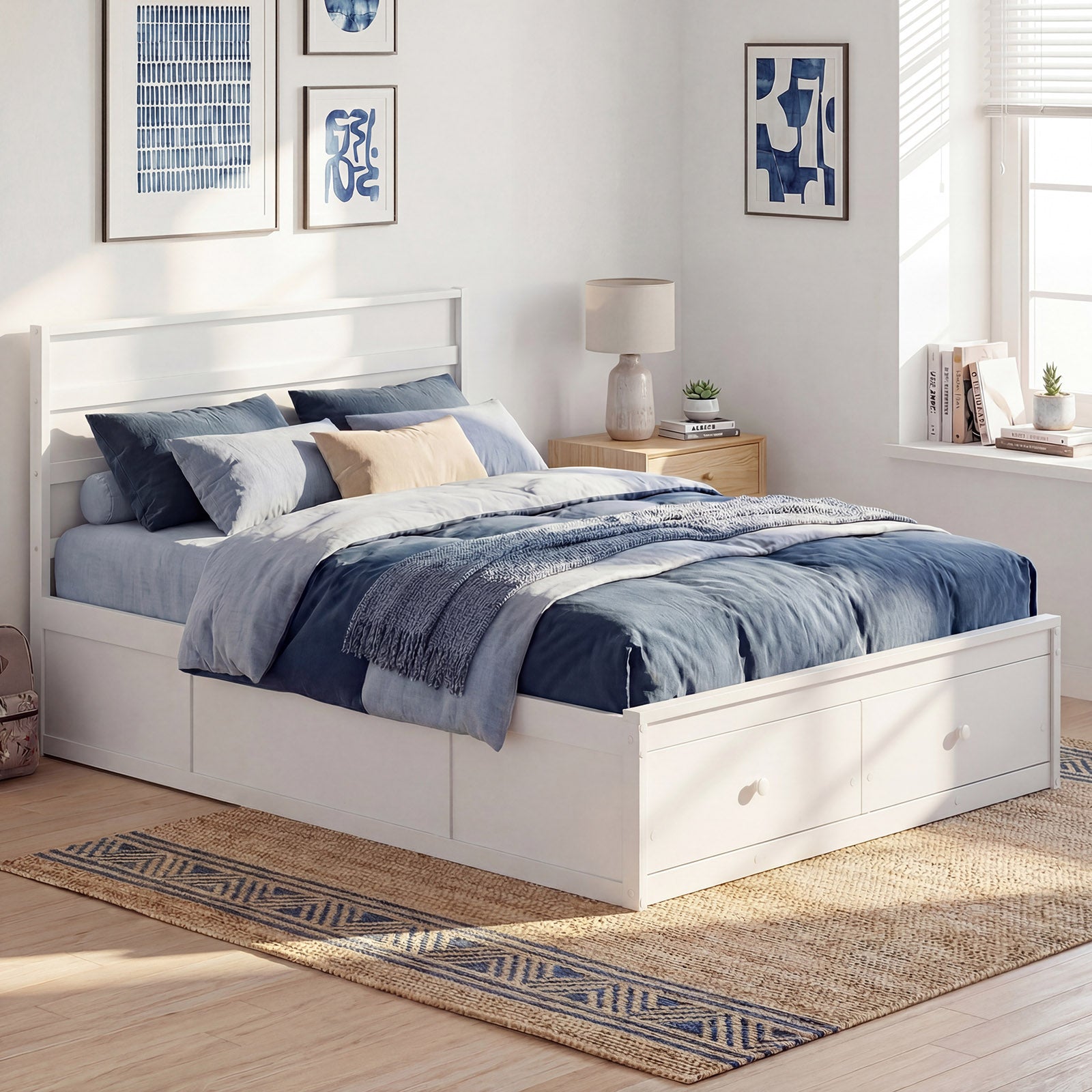 ELLEGNT Bed Frame Full Size, Wooden Slat Support, Headboard and Storage Drawers,  White