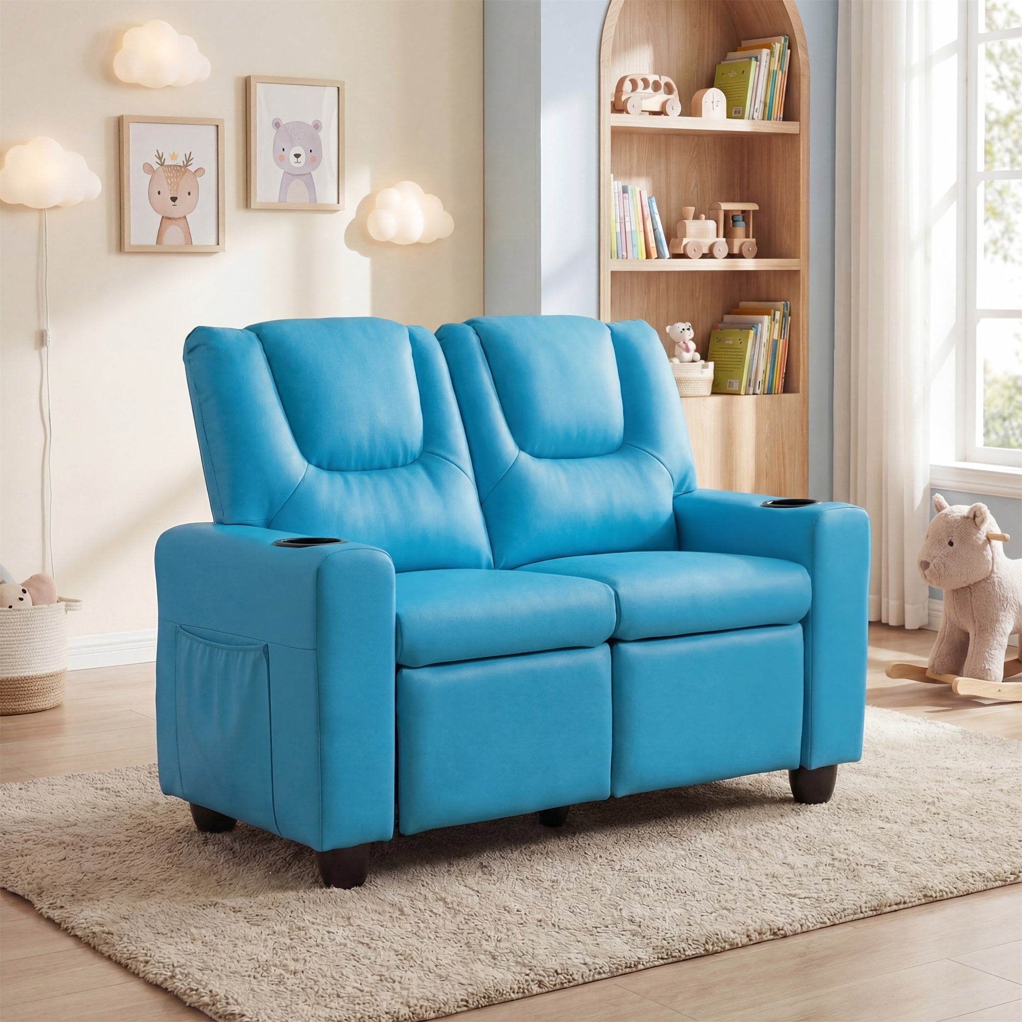 ELLEGNT 2-Seater Kids Recliner-Adjustable Back, Cup Holders and Side Pockets Blue