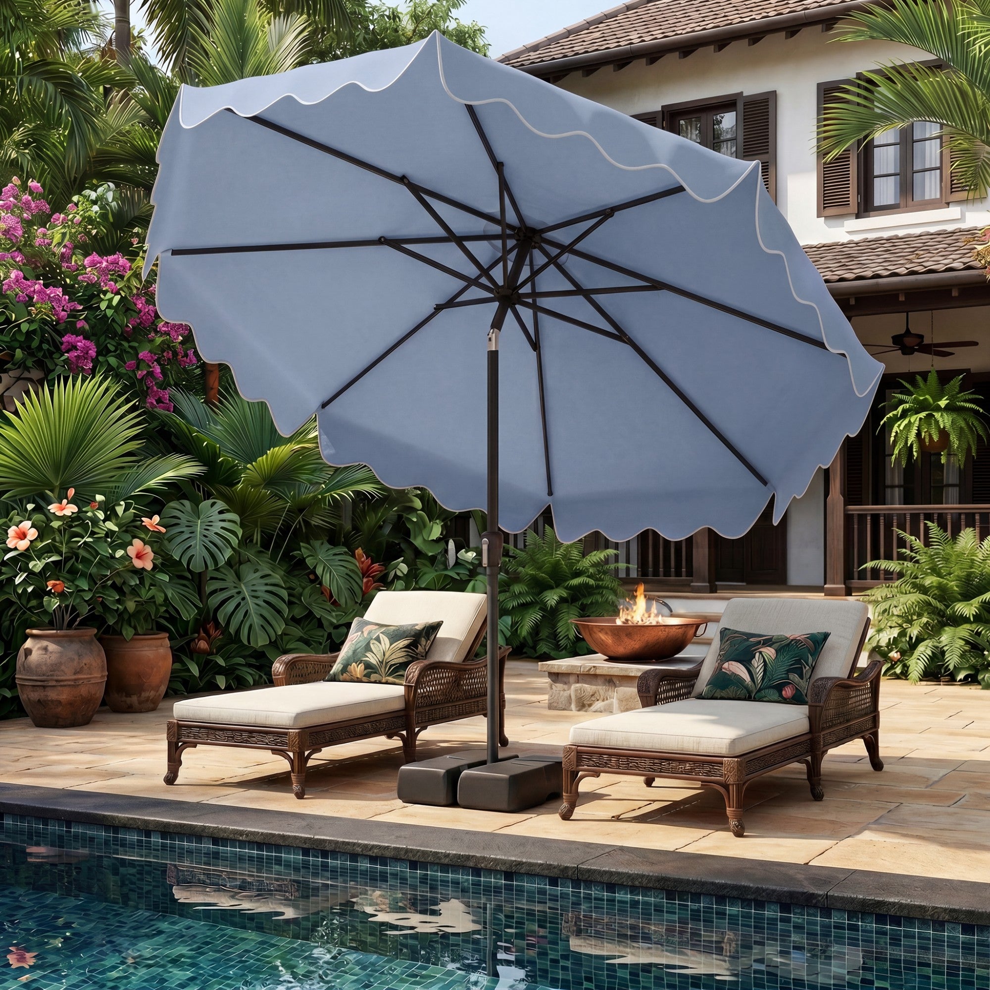 ELLEGNT Push?Button Tilt and Crank 9 FT Patio Umbrella-Weighted Base with Sandbags, Sturdy Ribs, Outdoor Shade, Blue