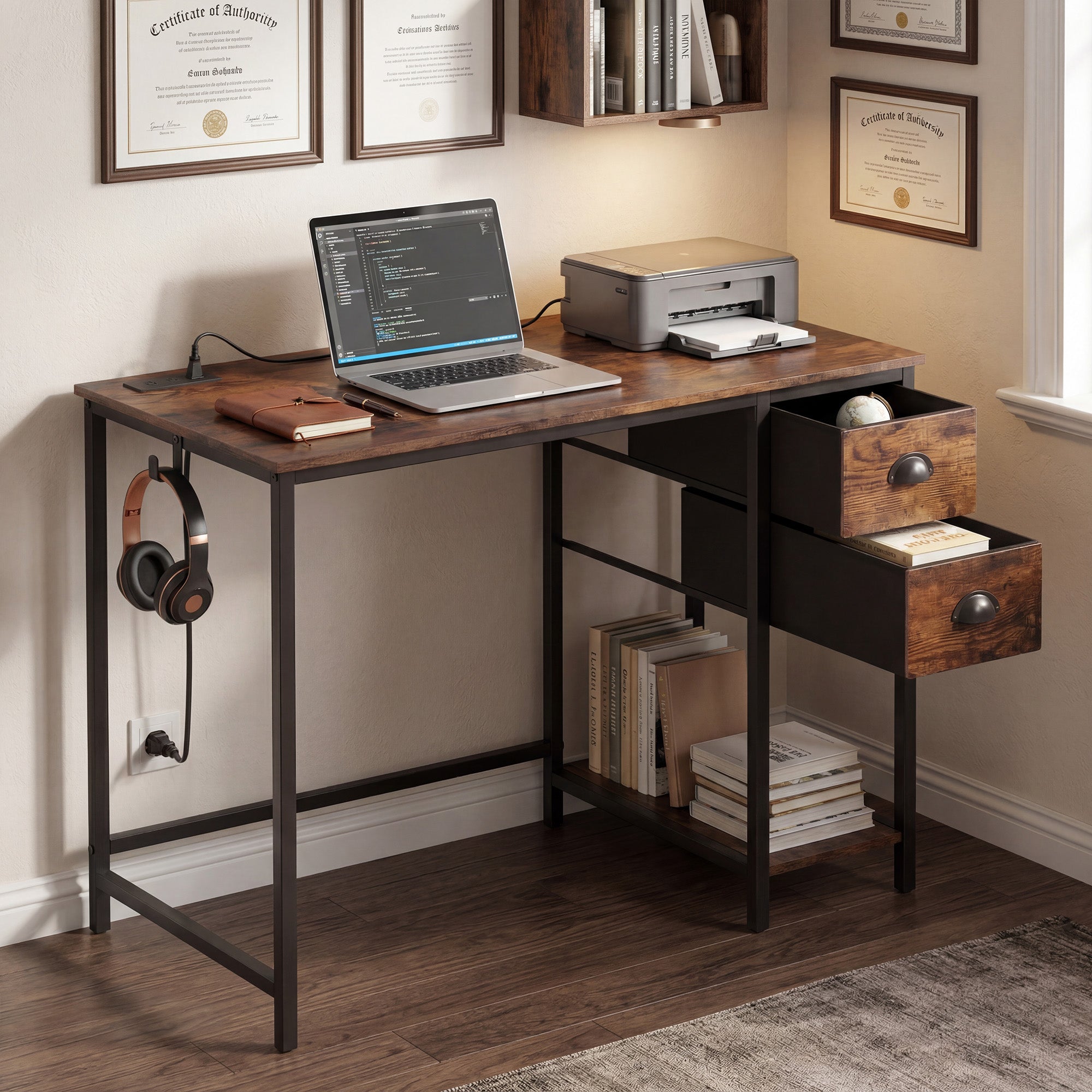 ELLEGNT Computer Desk-Built-in Charging Station, 2 Fabric Drawers, Storage Shelf, and Headphone Hook,Rustic Brown + Black