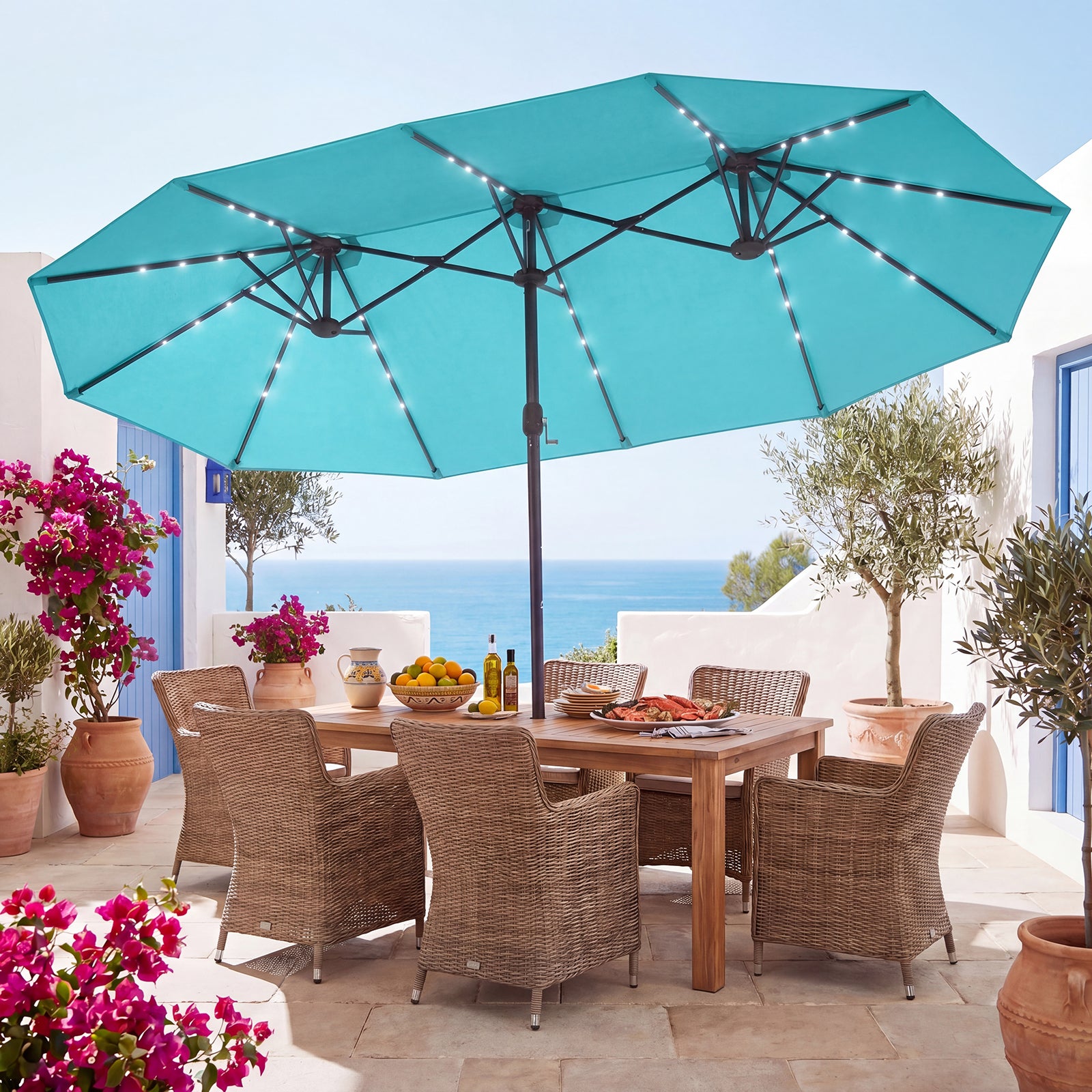 ELLEGNT Solar LED Double?Sided Patio Umbrella-15FT, Crank and Base Included, Turquoise