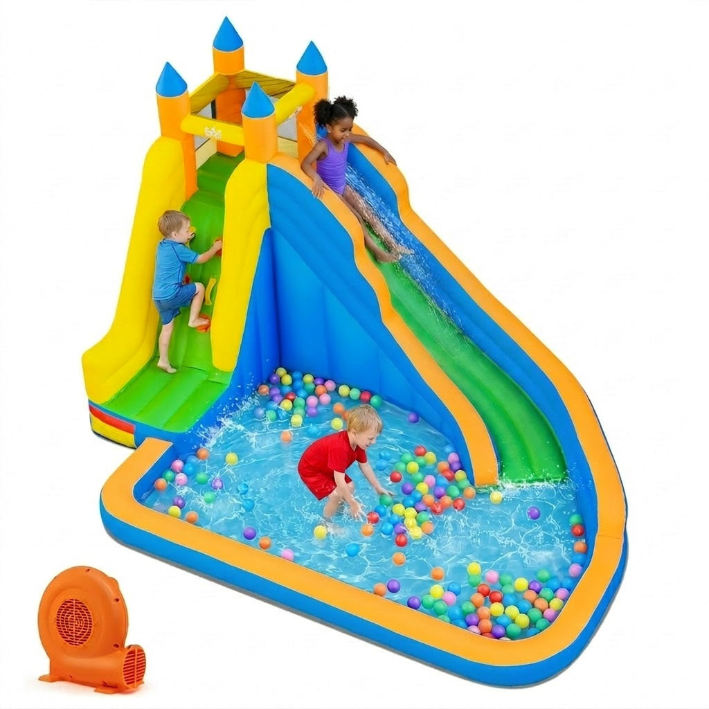 ELLEGNT 3-in-1 Inflatable Water Park, Bounce House, Water Park with Curved Slide, Climbing Wall & Large Splash Pool for Backyard Kids Parties, with 520W Blower