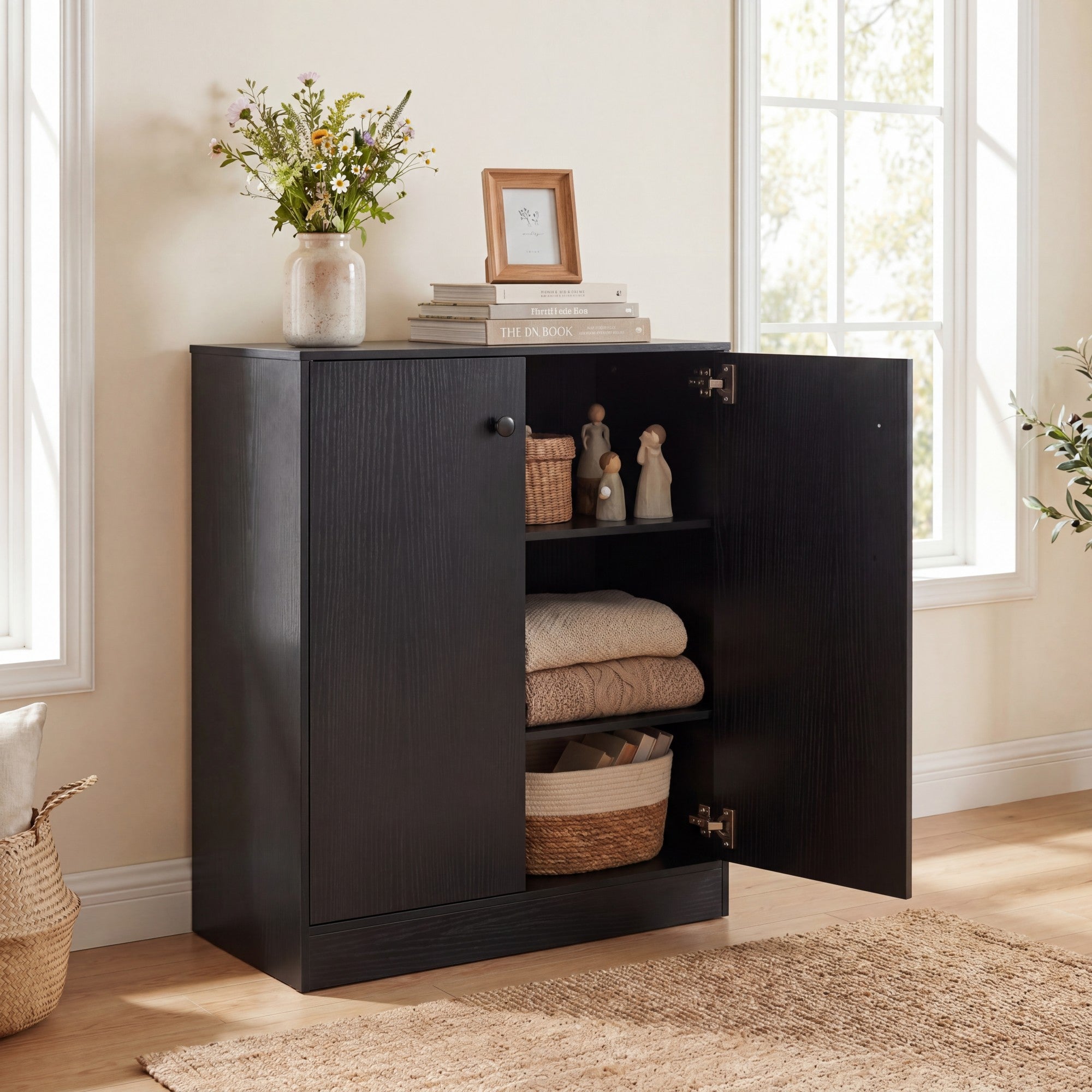 ELLEGNT Buffet Cabinet Sideboard-2?Door Storage Unit with 3 Shelves for Kitchen or Hallway, Black
