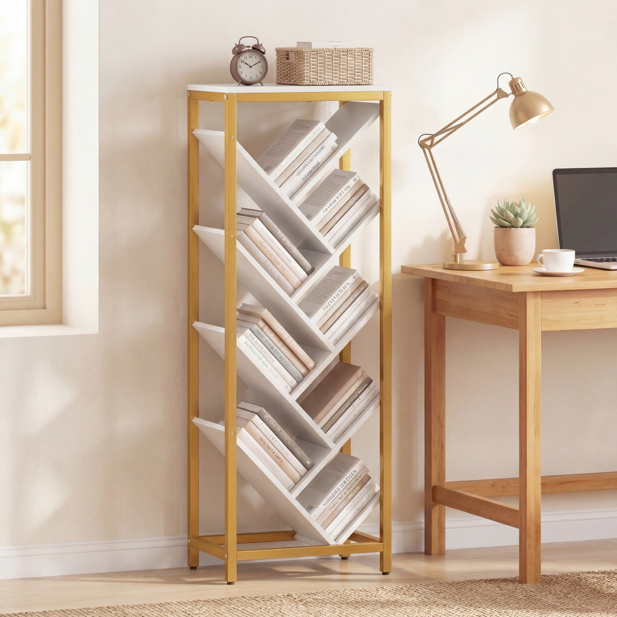 ELLEGNT 9-Tier Narrow Corner Bookshelf-Tree-Shaped Freestanding Display Shelf for Home or Office White + Gold