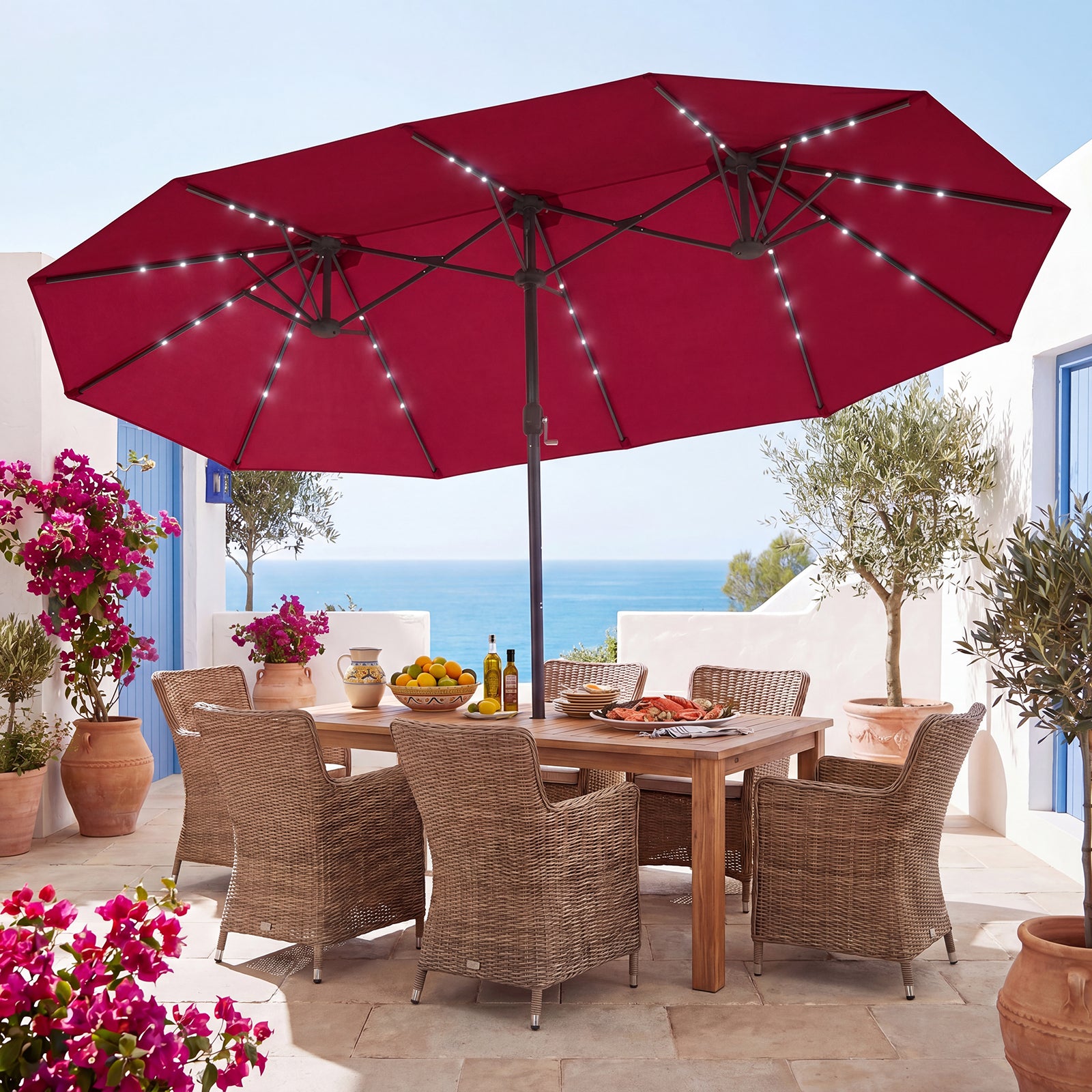 ELLEGNT Solar LED Double?Sided Patio Umbrella-15FT, Crank and Base Included, Wine
