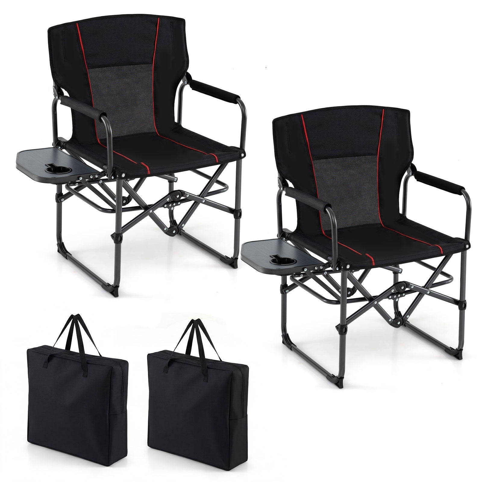 ELLEGNT 2 PCS Folding Camp Chair with Side Table and Cup Holder-Portable Outdoor Seat with Carry Bag, Black