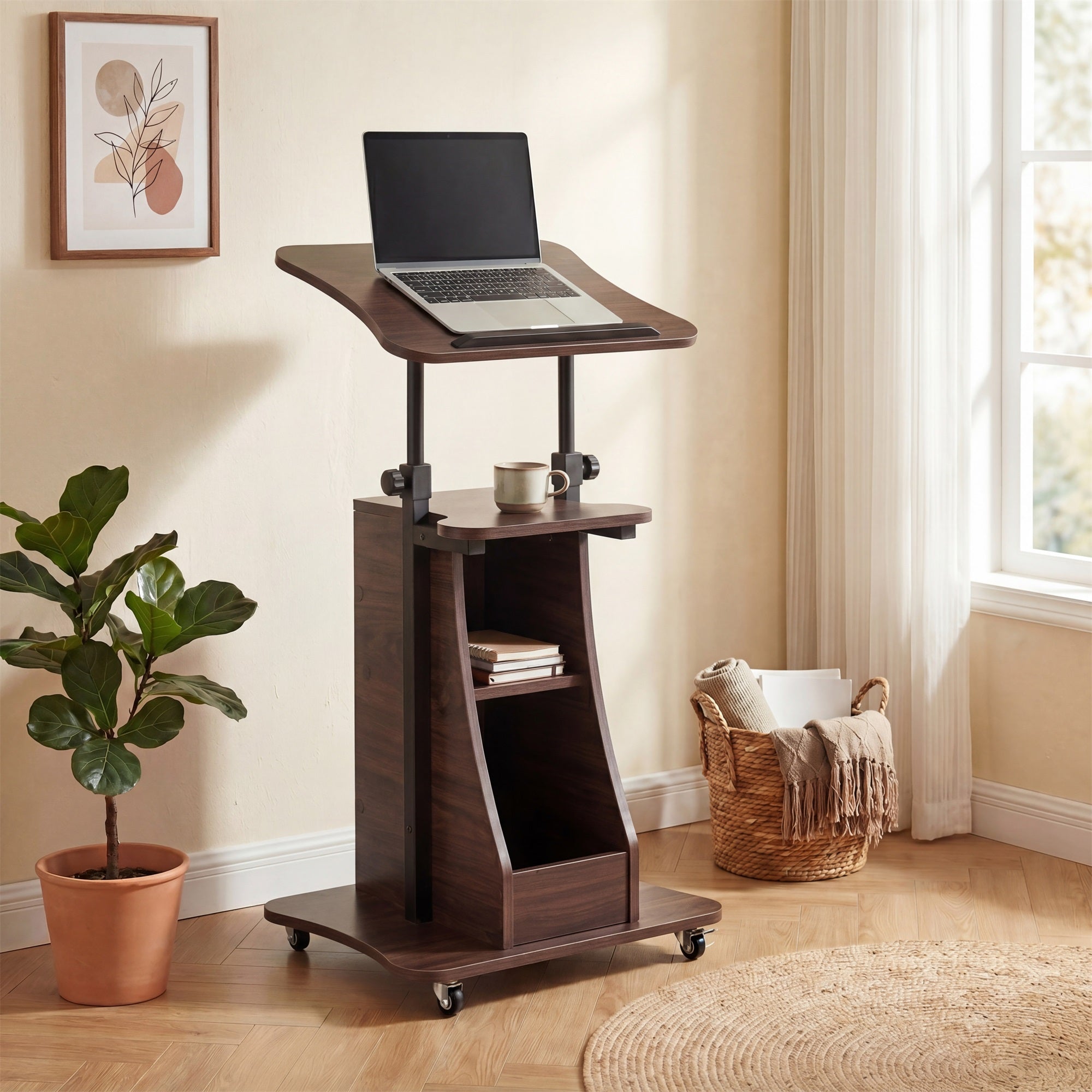ELLEGNT Height Adjustable Rolling Lectern-Mobile Laptop Cart with Storage Compartments, Lockable Casters, Brown