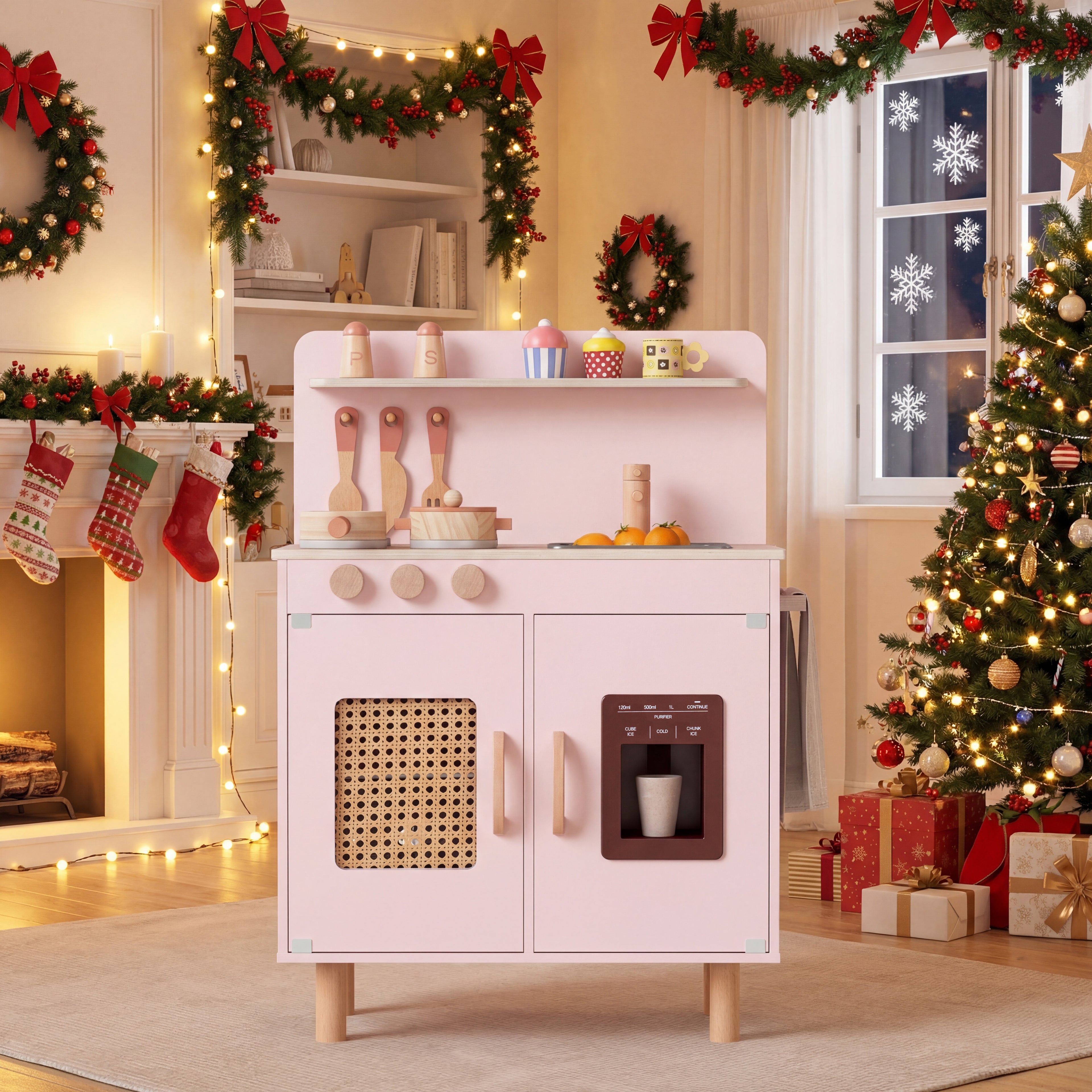 ELLEGNT Play Kitchen for Kids: Includes Ice Maker, Stove, Sink, and Storage Accessories Pink
