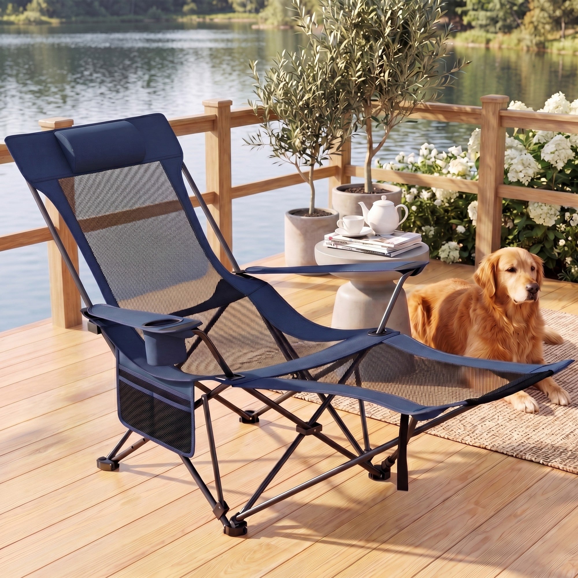 ELLEGNT 1 PCS Detachable Footrest Camping Chair-4?Position Reclining Backrest, Lounge Chair with Carrying Bag, Blue