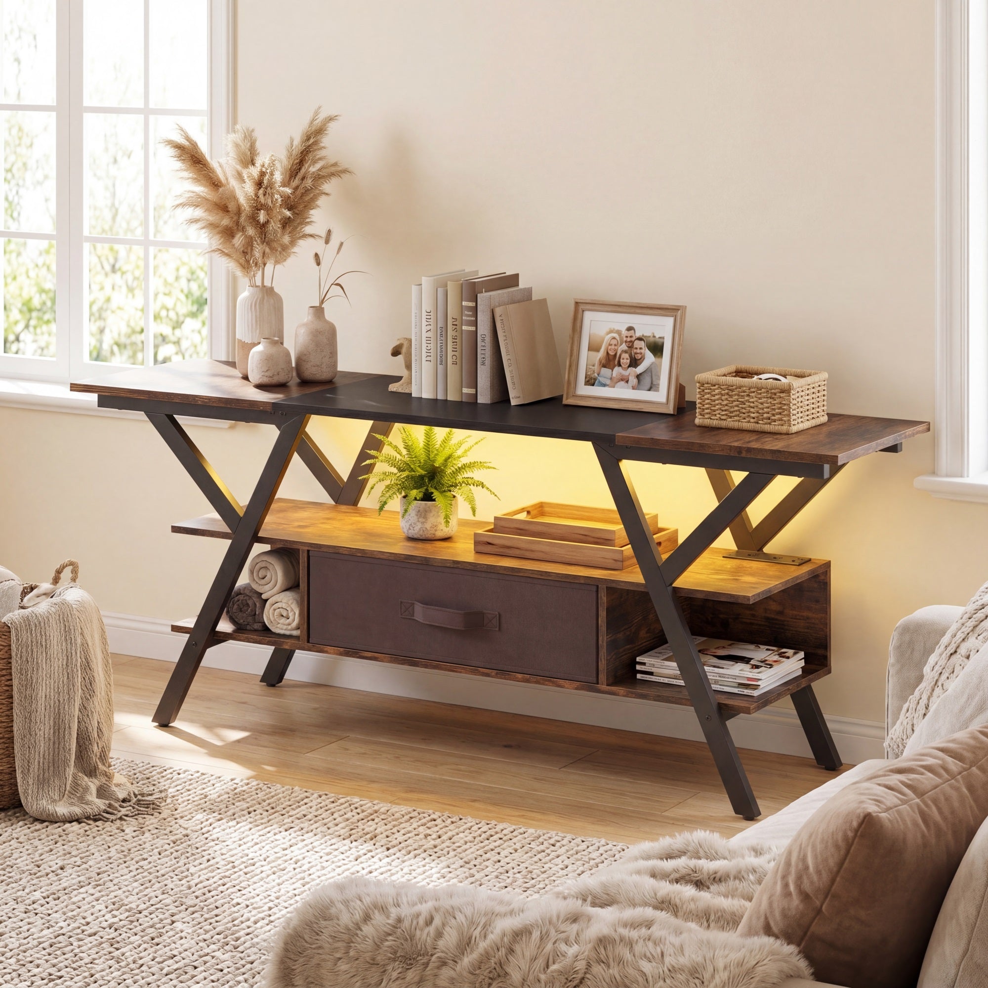 ELLEGNT TV Stand for 65 in TVs-3?Tier with Power Outlets, LED Lights, and Remote Storage Shelves, Brown