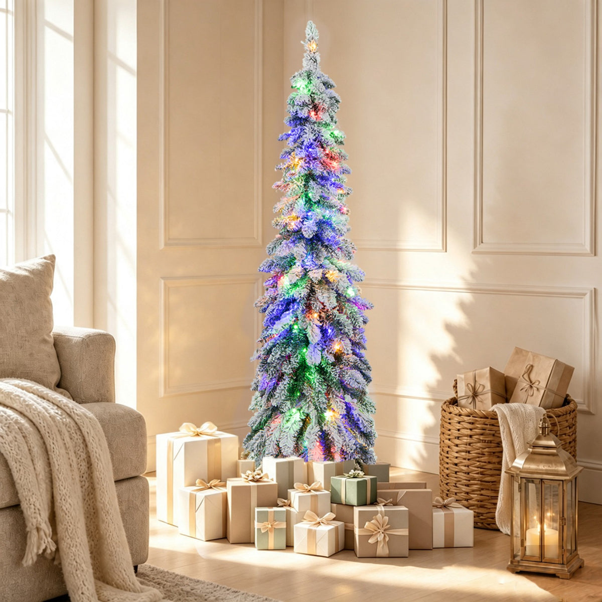 ELLEGNT 5 FT Pre Lit Artificial Snow Flocked Pencil Christmas Tree with LED Lights and 11 Modes