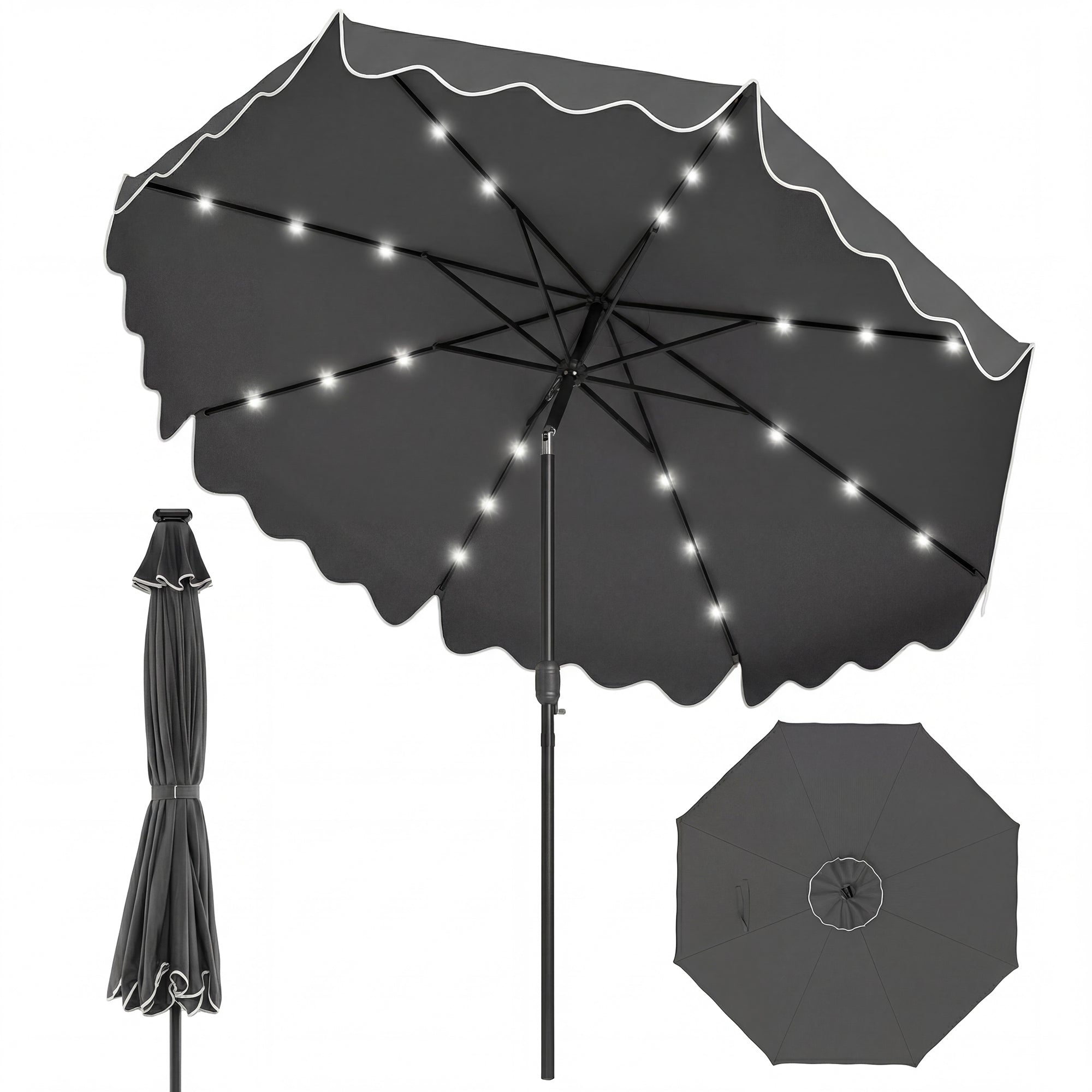 ELLEGNT Solar LED Patio Umbrella-10 FT, 24 Lights, 8 Ribs, Tilt Adjustment, Gray