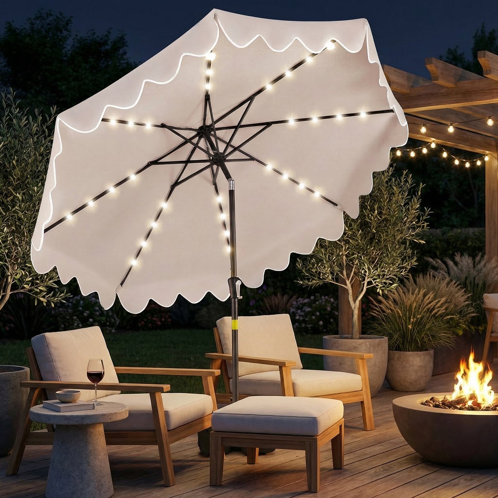 ELLEGNT 9 FT Solar LED Patio Umbrella with Weighted Base and Sandbags-Outdoor Umbrella for Garden or Deck Beige