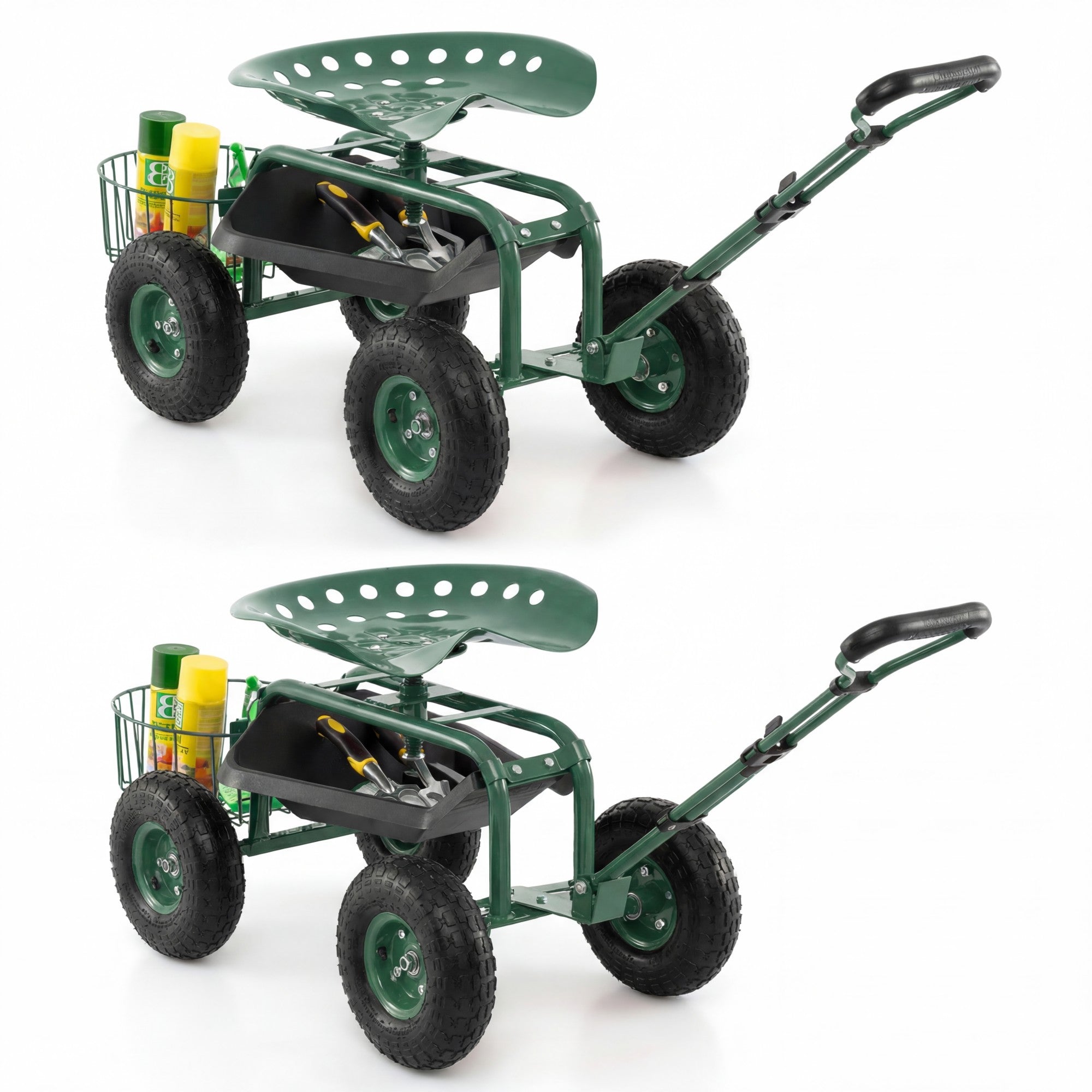 ELLEGNT 2 PCS  Extendable Handle Garden Cart-Rolling Work Seat with Tray and Basket, Green