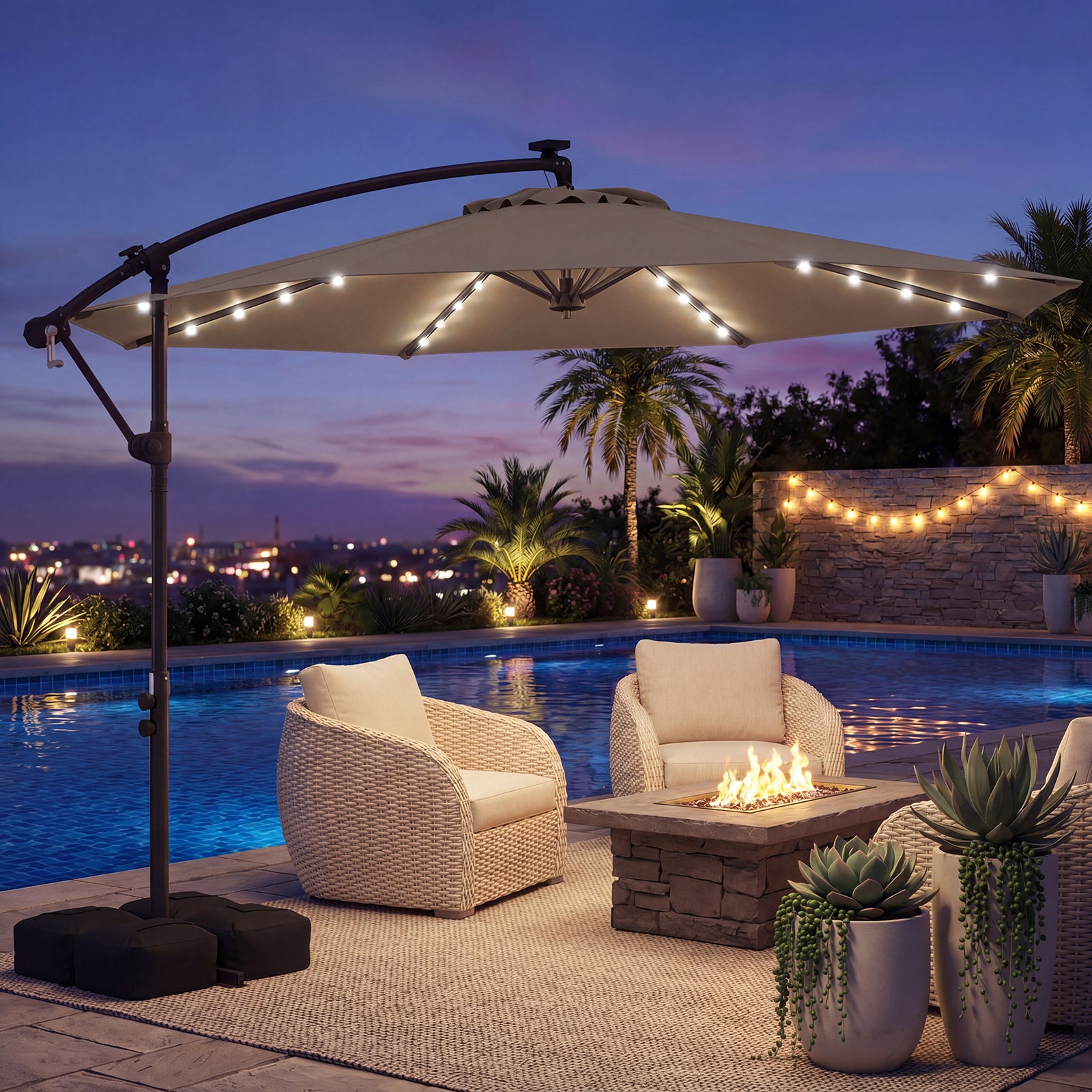 ELLEGNT 10 FT Solar Cantilever Umbrella-Offset Hanging Patio Umbrella with 32 LED Lights for Outdoor Use, Brown