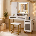 ELLEGNT White and Gold Makeup Vanity Set with Mirror, 3 Color LED, USB Charging, Stool