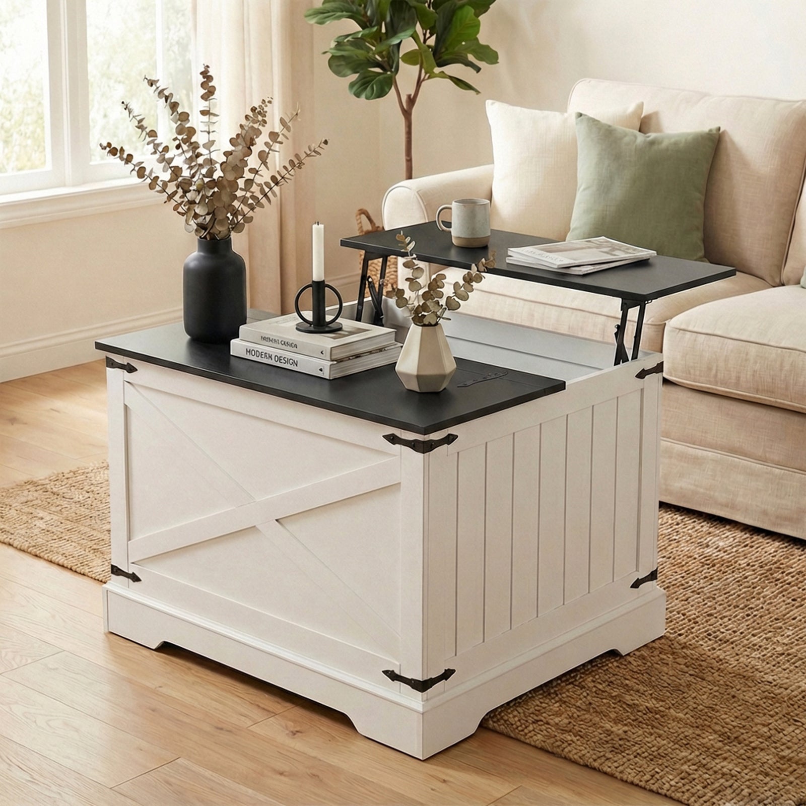 ELLEGNT Lift Top Coffee Table with Hidden Storage-31.5 in Farmhouse Wooden Cocktail Table for Living Room Black and White