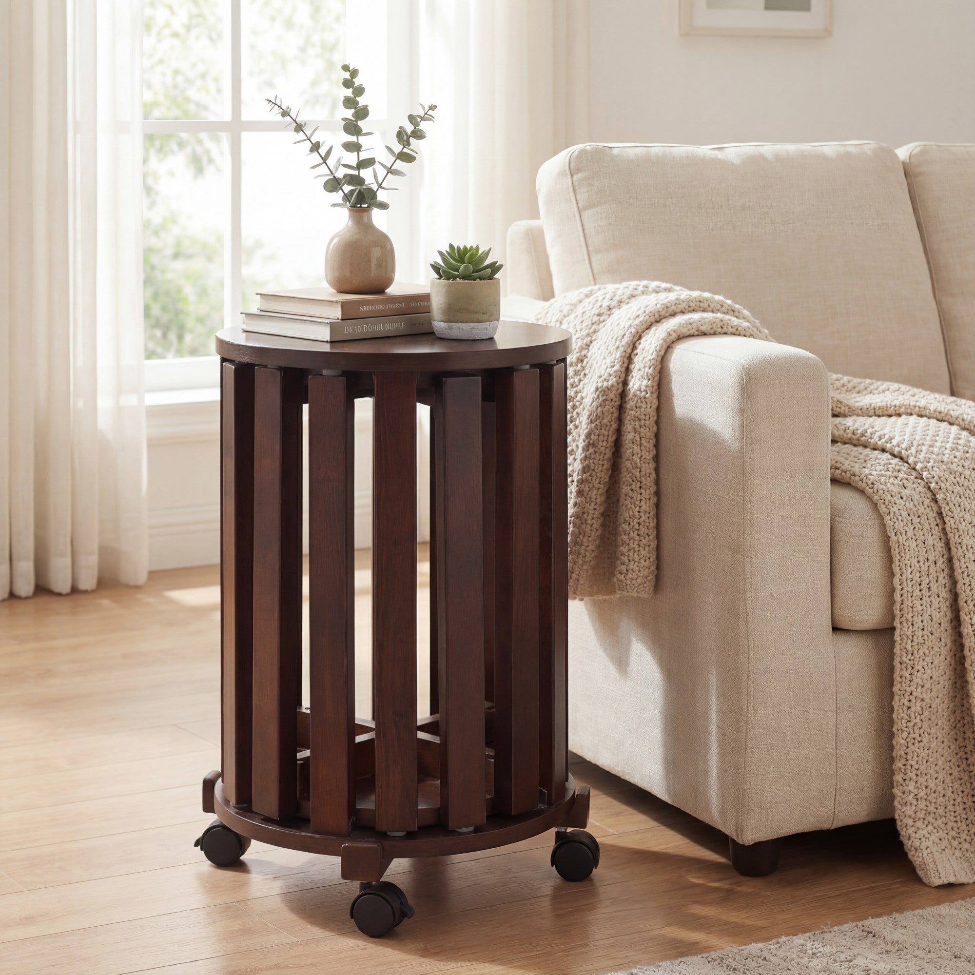 ELLEGNT 4 PCS Stackable Stools for Kitchen and Apartments with Rolling Base and Locking Casters, Walnut