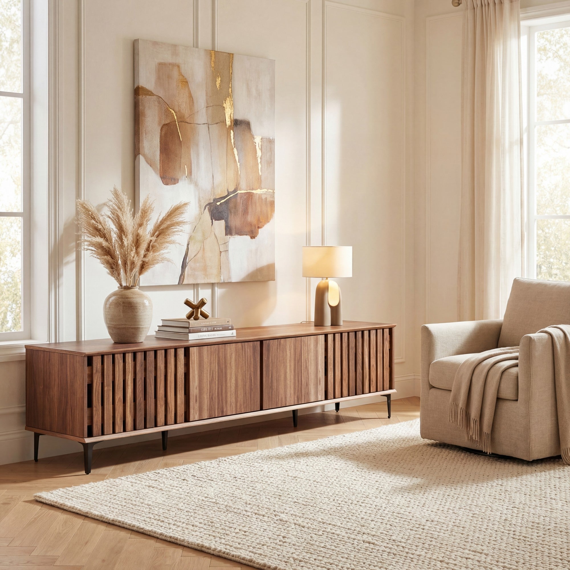 ELLEGNT 4-Door TV Stand for 80 in TVs-Mid Century Modern Entertainment Center with Storage