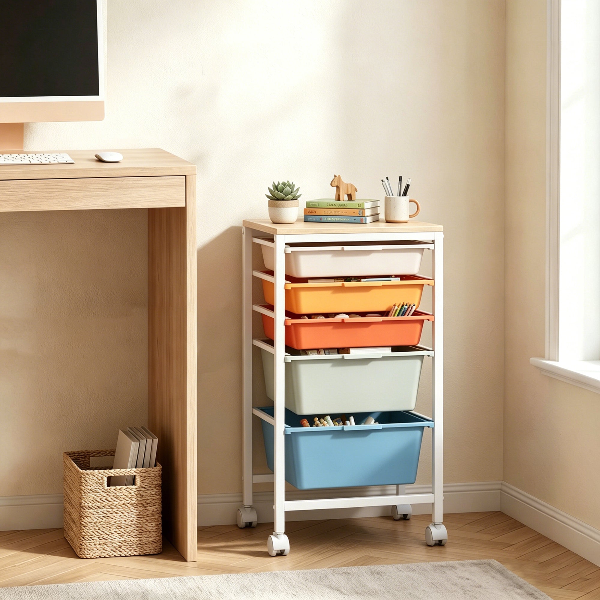 ELLEGNT Wooden Top Rolling Storage Cart-5 Drawers, Lockable Casters, Metal Frame, for Art and Craft, Natural + Macaron