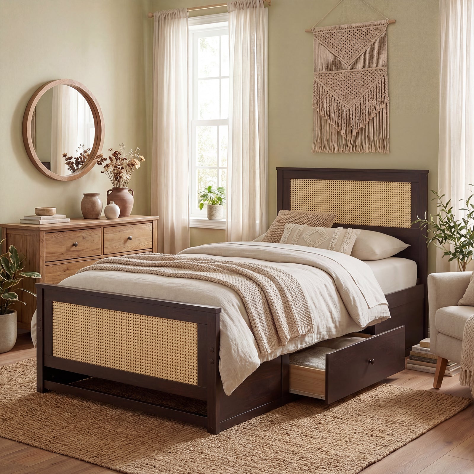 ELLEGNT Twin Size Bed Frame with Rattan Headboard and 2 Drawers Rustic Brown