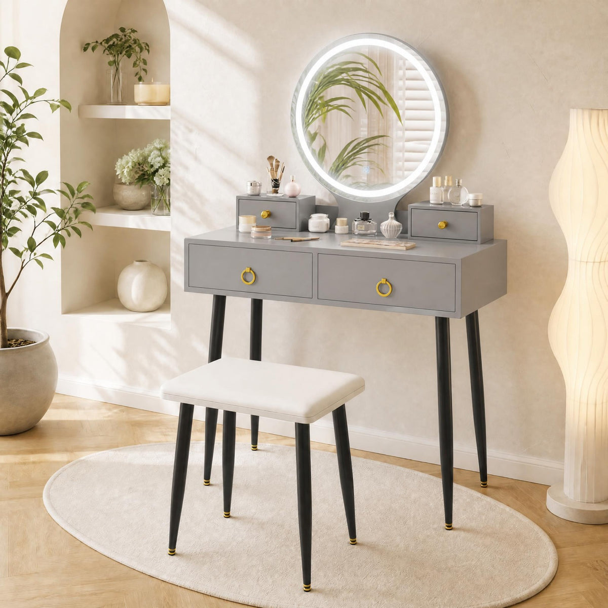 ELLEGNT Makeup Vanity Table with Lighted Mirror, 3-Color LED, Stool, 4 Drawers, Gray