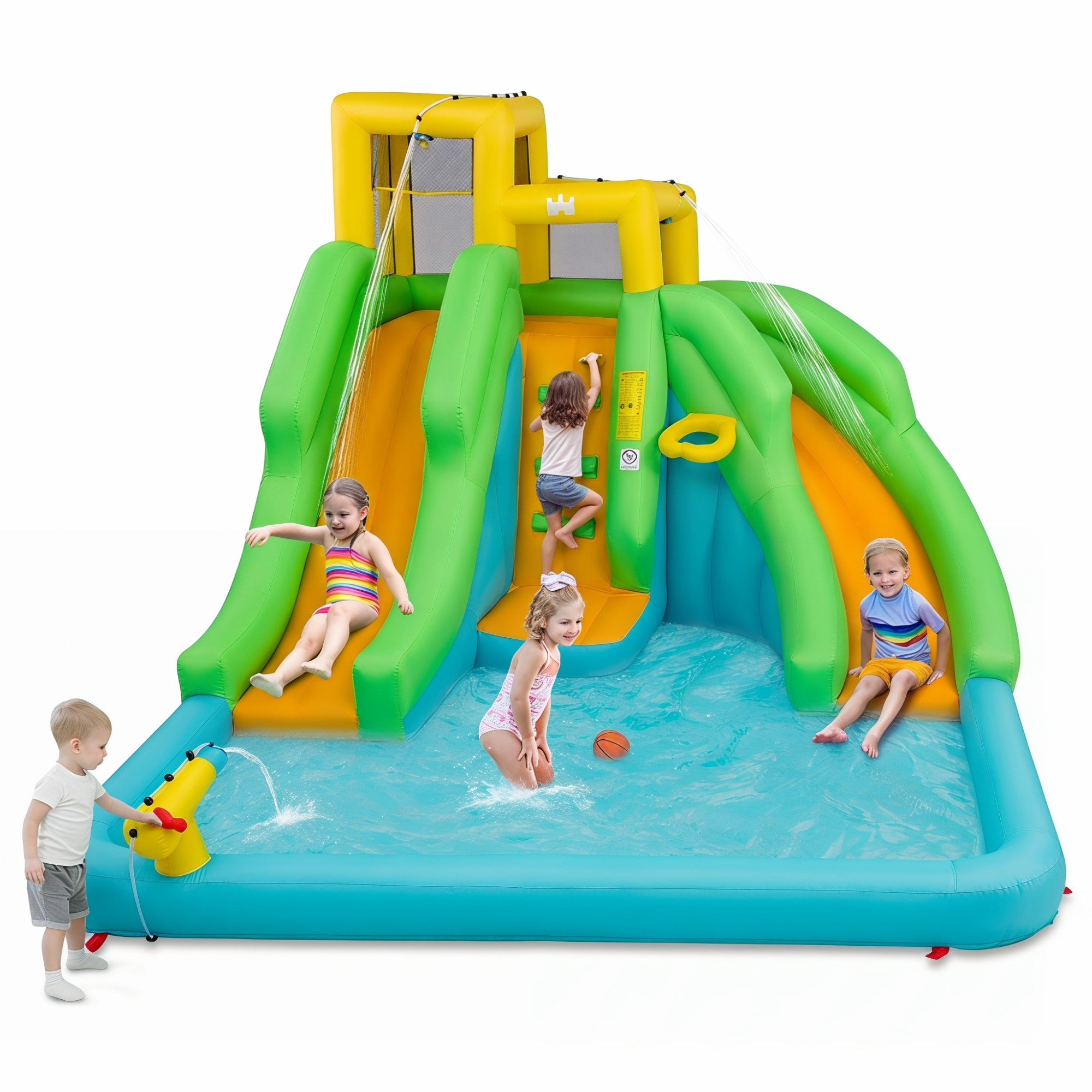 ELLEGNT 6-in-1 Inflatable Water Park, Bounce House, Water Slide with Dual Slides, Climbing Wall, Splash Pool, Water Cannon & Basketball Hoop for Backyard Kids Parties